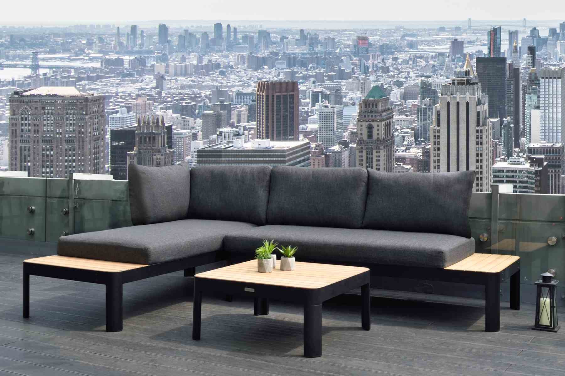 Portals Outdoor Square Coffee Table in Black Finish with Natural Teak Wood Top - Image 7