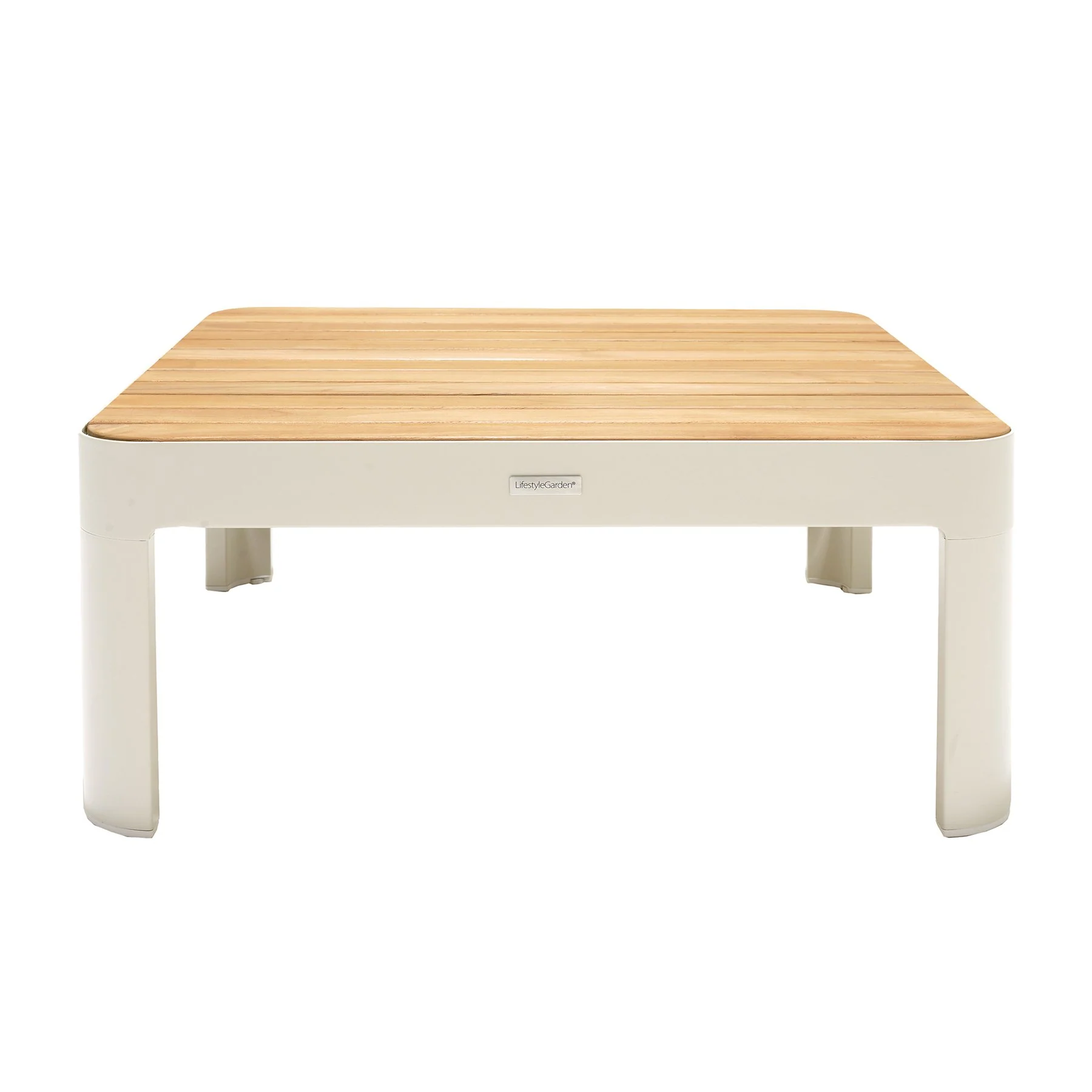 Portals Outdoor Square Coffee Table in Light Matte Sand Finish with Natural Teak Wood Top - Image 3
