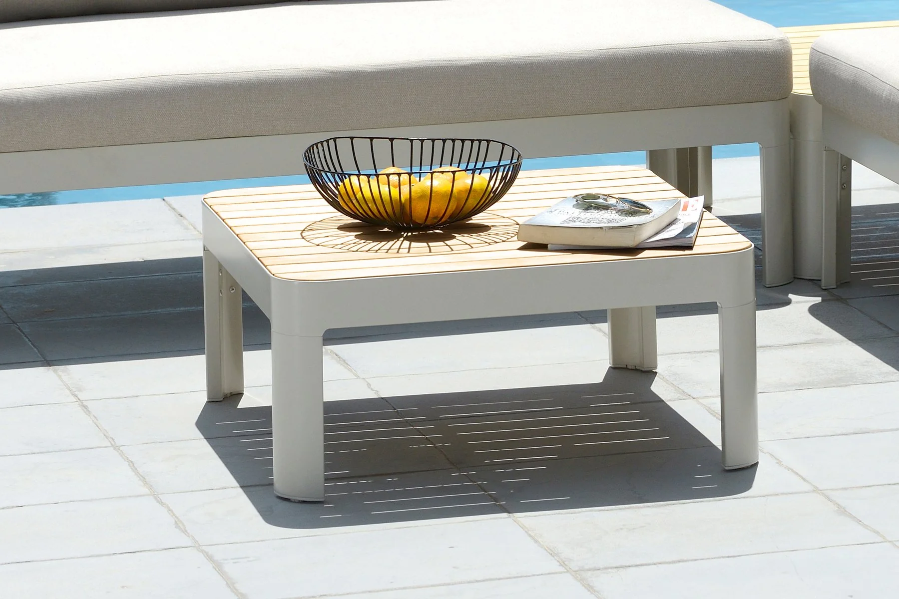 Portals Outdoor Square Coffee Table in Light Matte Sand Finish with Natural Teak Wood Top - Image 6