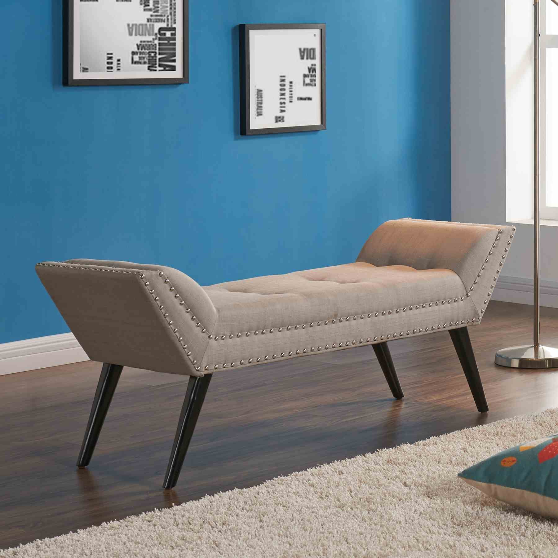 Porter Ottoman Bench in Taupe Fabric with Nailhead Trim and Espresso Wood Legs - Image 2