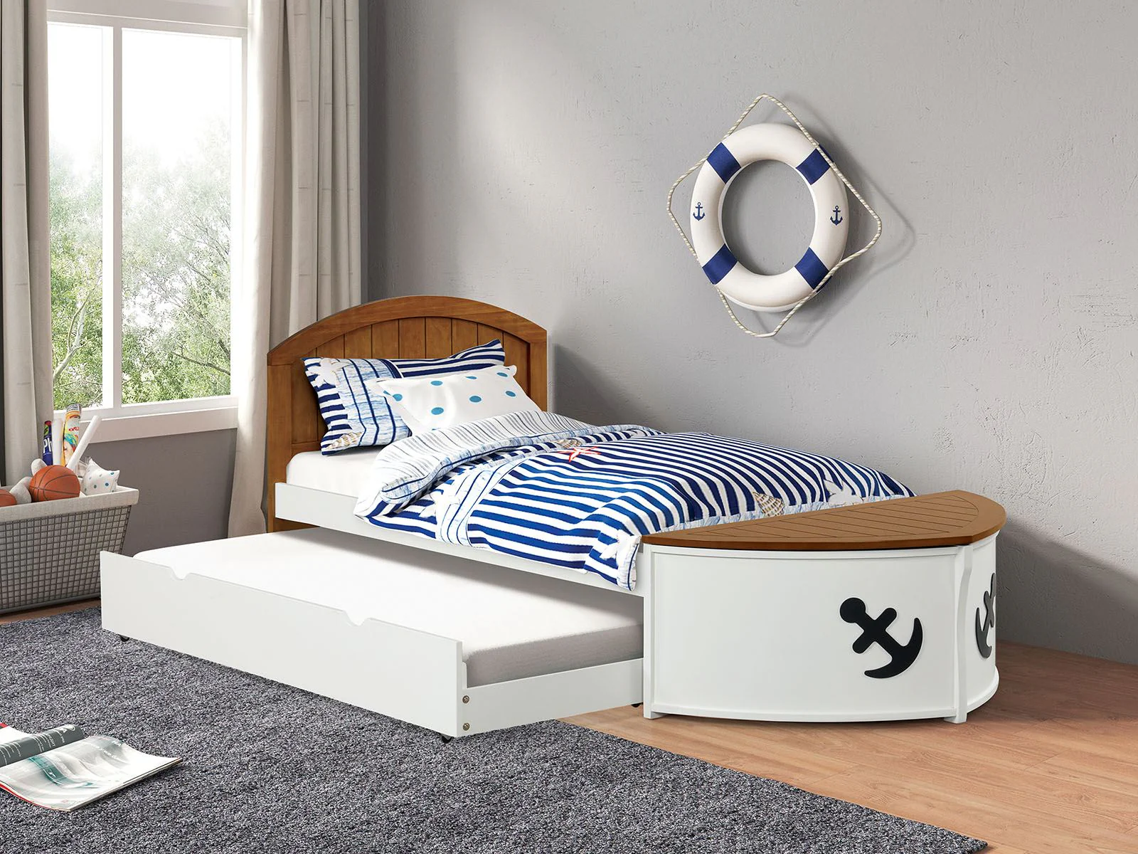 Poseidon Twin Captain Bed w/ Trundle, White/Oak - Image 2