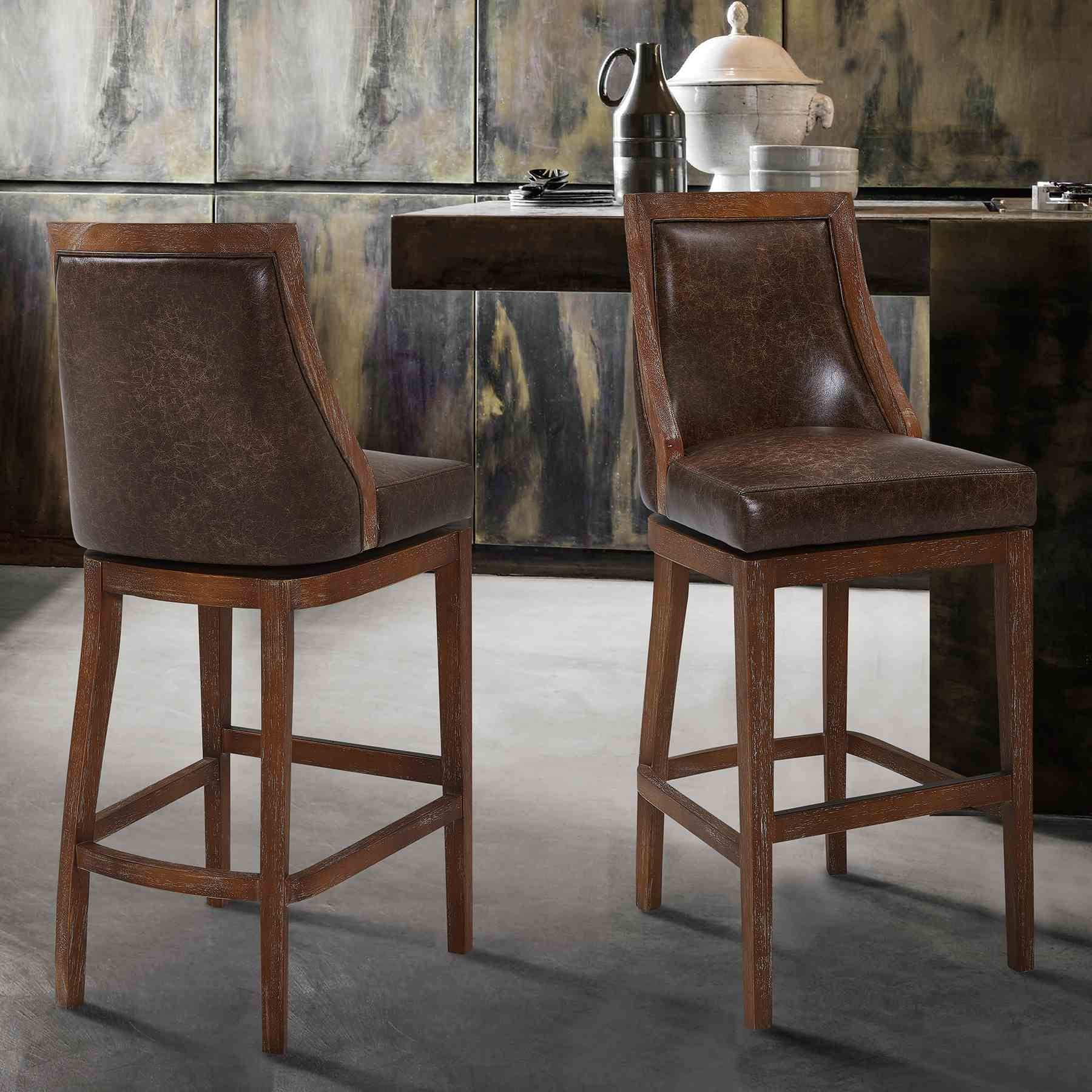 Presley 30" Bar Height Wood Swivel Barstool in Distressed Finish with Brown Stone Faux Leather - Image 8