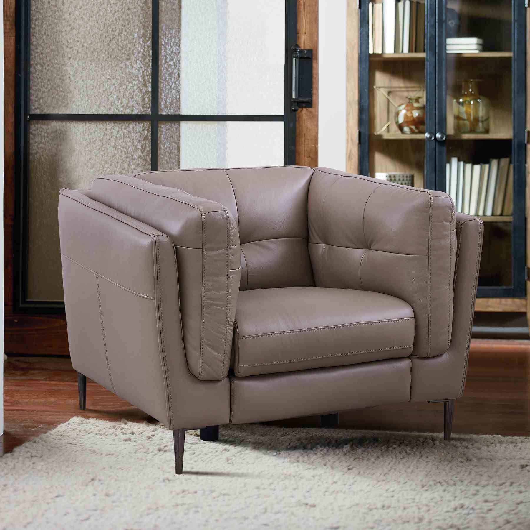 Primrose Contemporary Chair in Dark Metal Finish and Greige Genuine Leather - Image 9