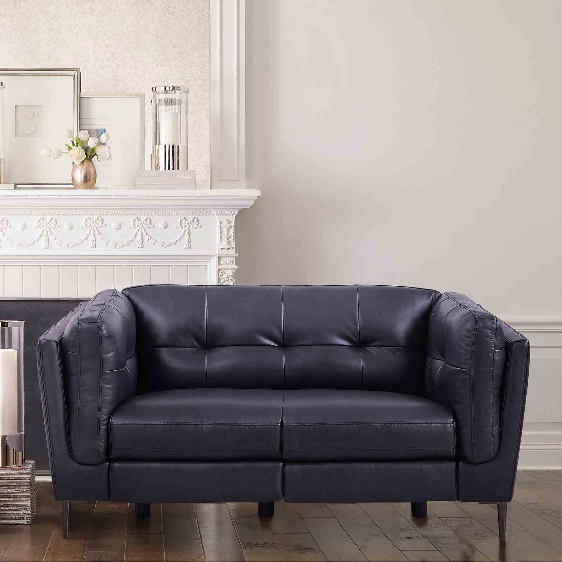 Primrose Contemporary Loveseat in Dark Metal Finish and Navy Genuine Leather - Image 9