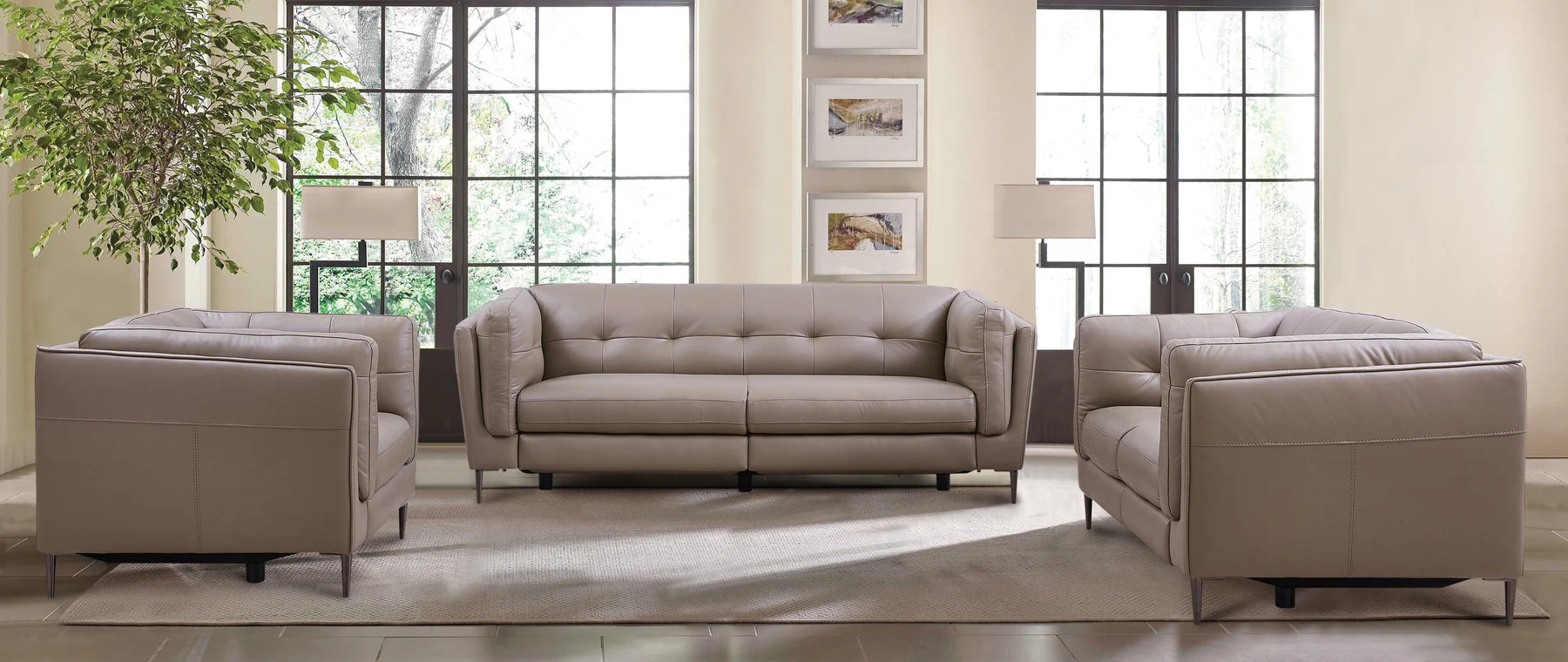 Primrose Contemporary Sofa in Dark Metal Finish and Greige Genuine Leather - Image 10