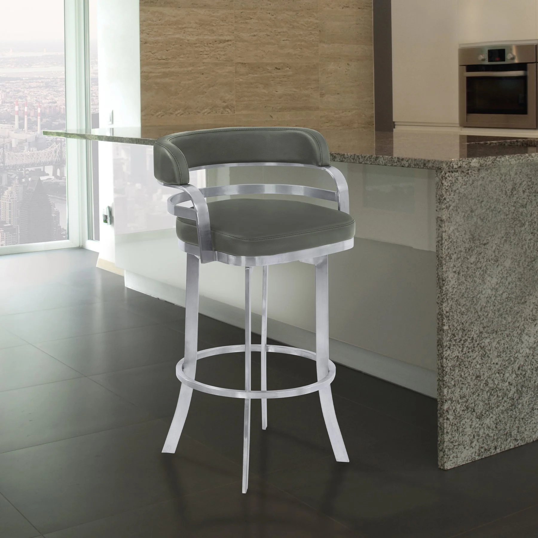 Prinz 26" Counter Height Swivel Gray Faux Leather and Brushed Stainless Steel Bar Stool - Image 8