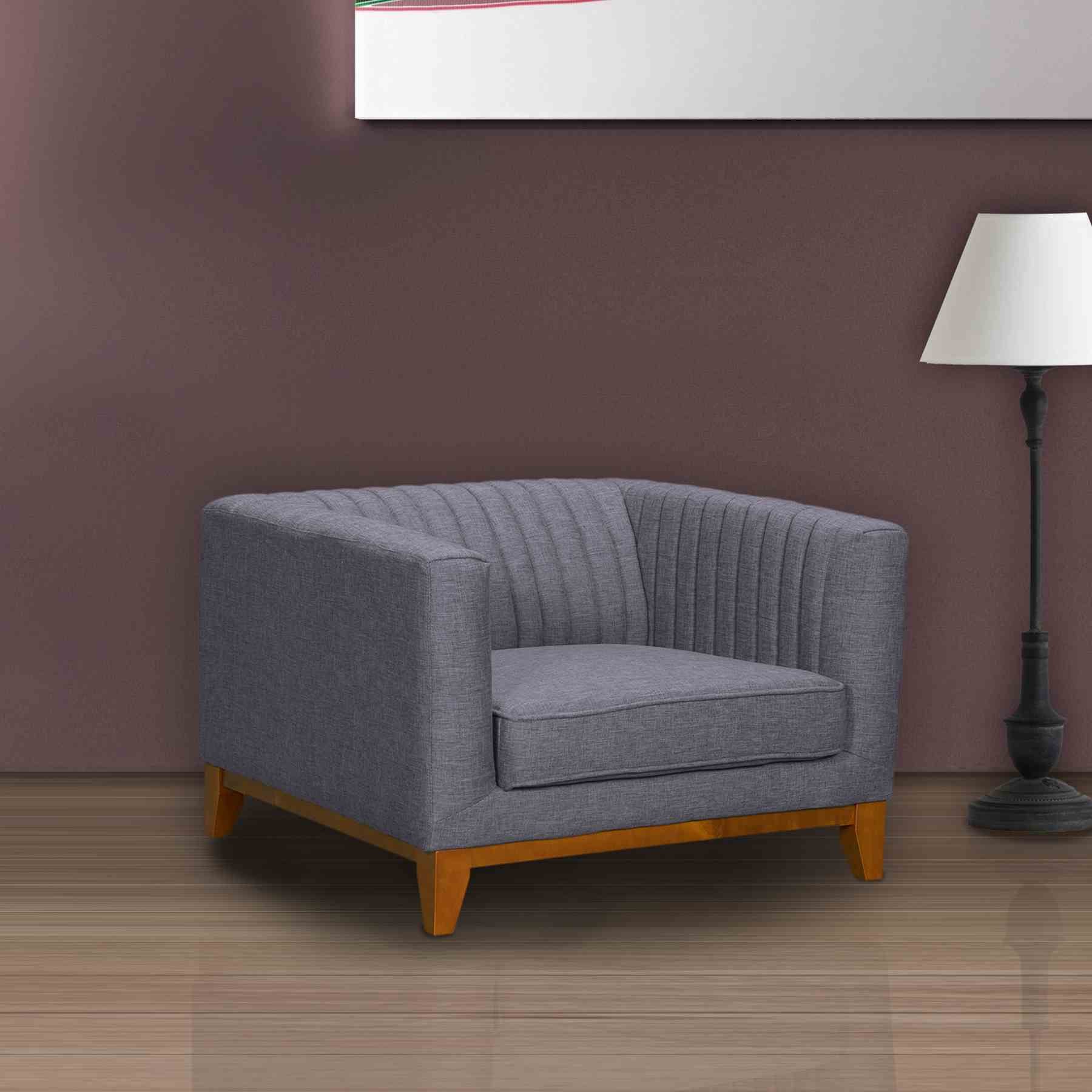 Prism Mid-Century Sofa Chair in Champagne Wood Finish and Dark Gray Fabric - Image 4