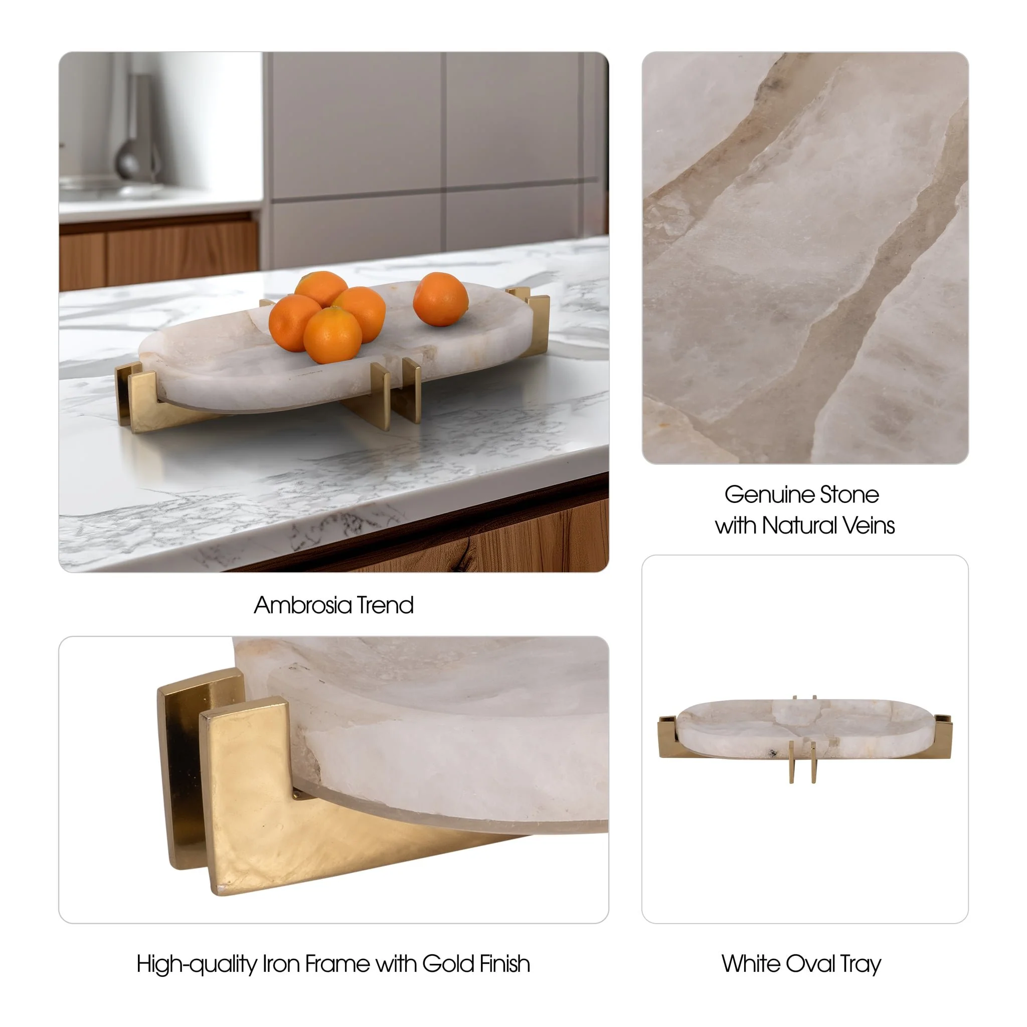 Quartz, 14" White Tray With Gold Details, White/go - Image 9