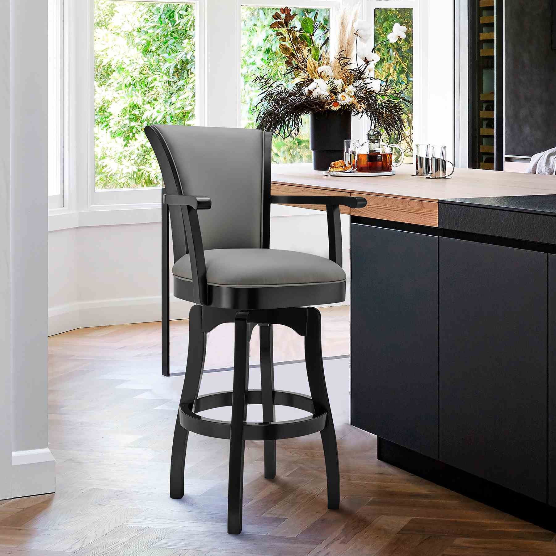 Raleigh 26" Counter Height Swivel Gray Faux Leather and Black Wood Arm Bar Stool - Image 7