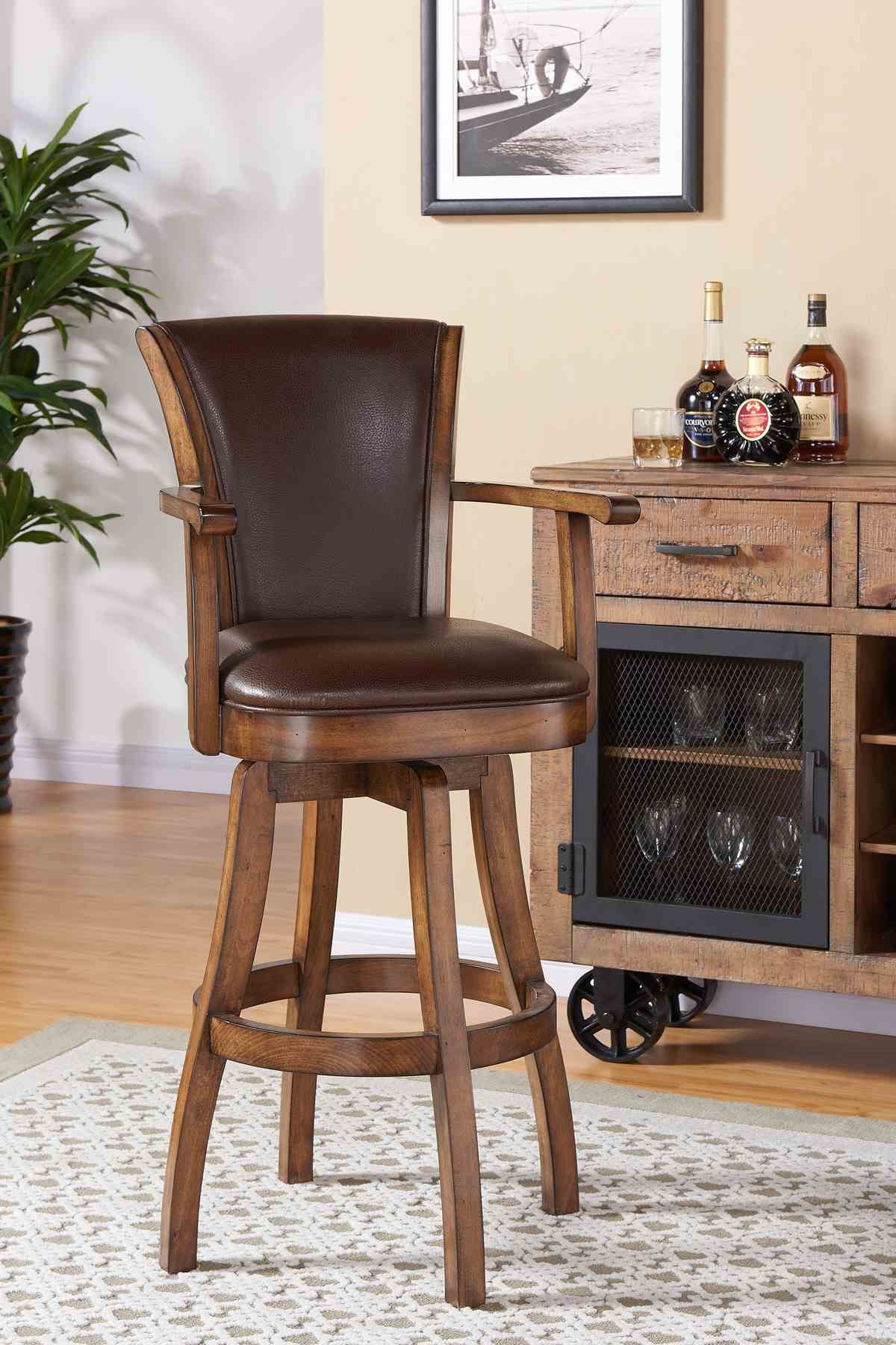 Raleigh 30" Bar Height Swivel Kahlua Faux Leather and Chestnut Wood Arm Bar Stool - Image 6