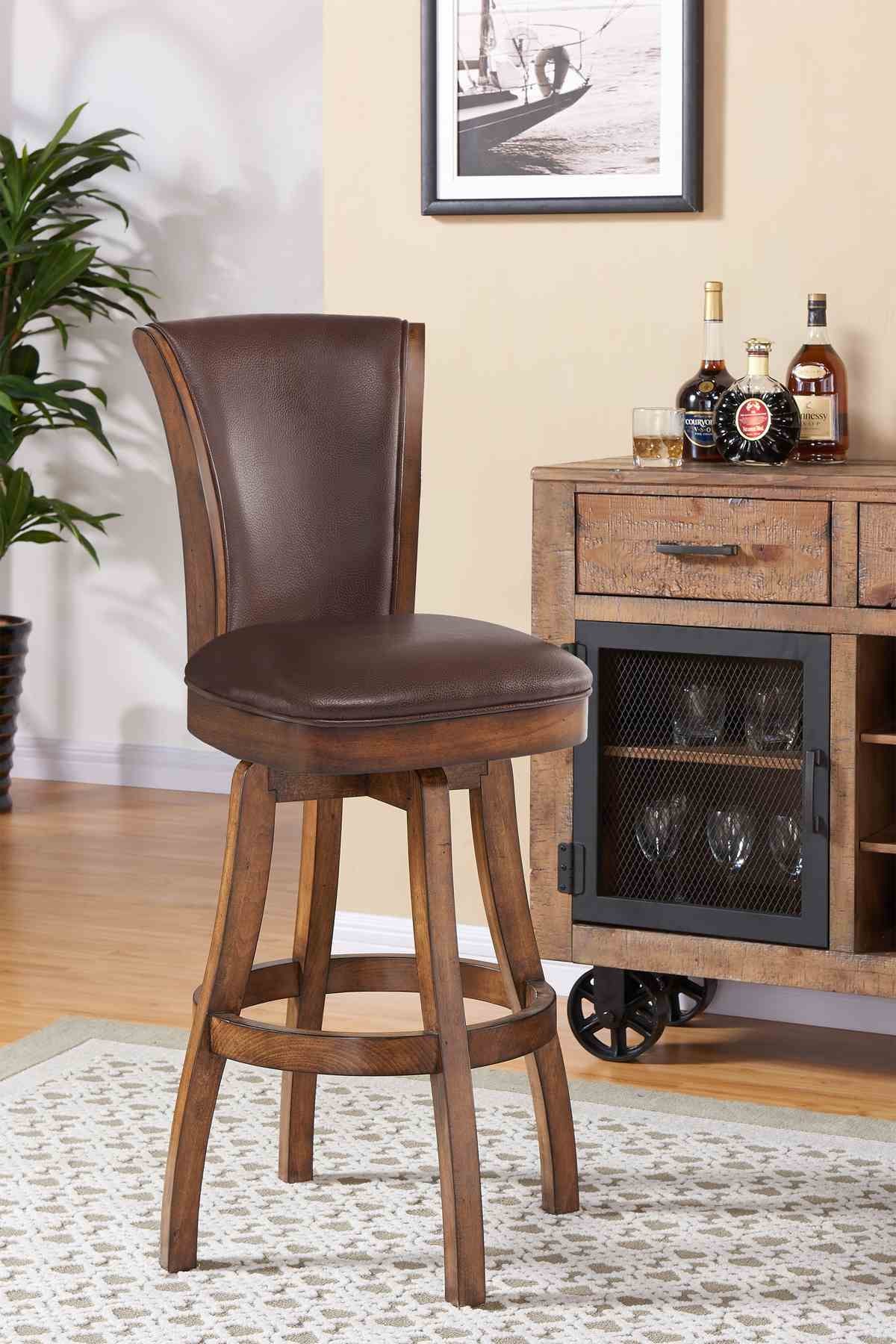Raleigh 30" Bar Height Swivel Wood Barstool in Chestnut Finish and Kahlua Faux Leather - Image 6