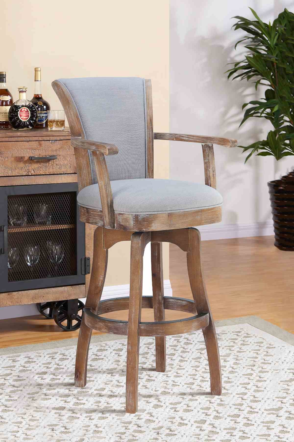 Raleigh Arm 30" Bar Height Swivel Barstool in Distressed Oak Finish and Putty Ivory Linen - Image 8