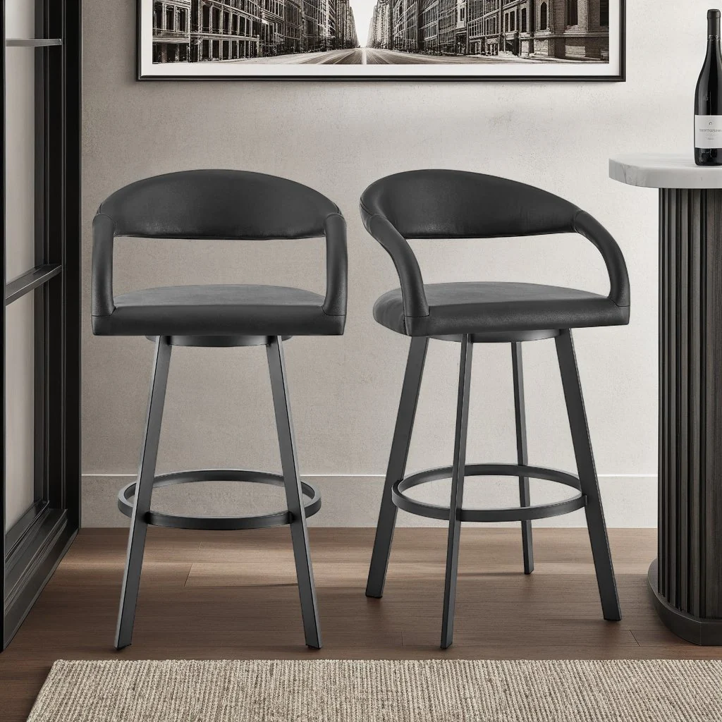 Ramona 30" Swivel Bar Stool with Matte Black Iron and Black Faux Leather - Image 10