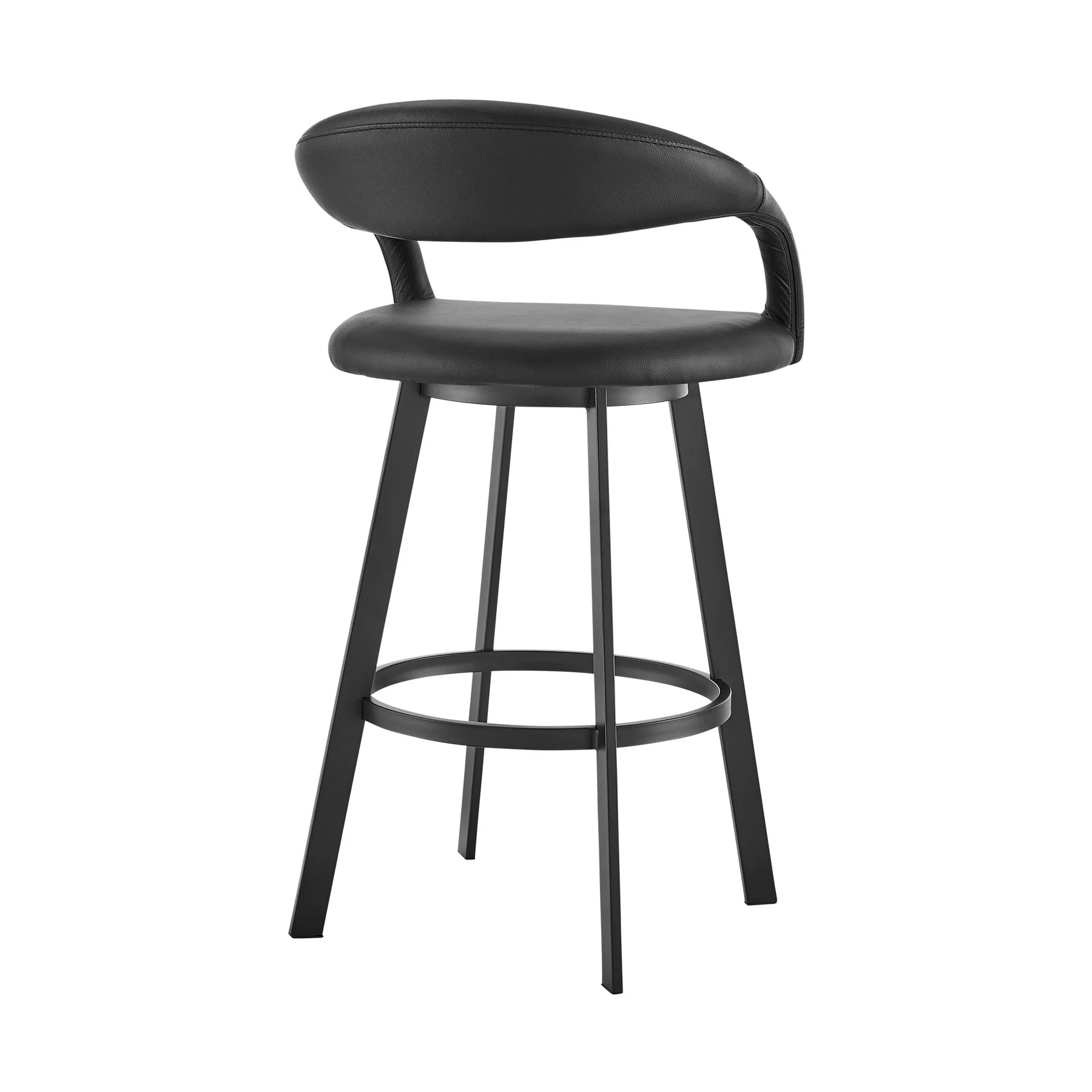 Ramona 30" Swivel Bar Stool with Matte Black Iron and Black Faux Leather - Image 3