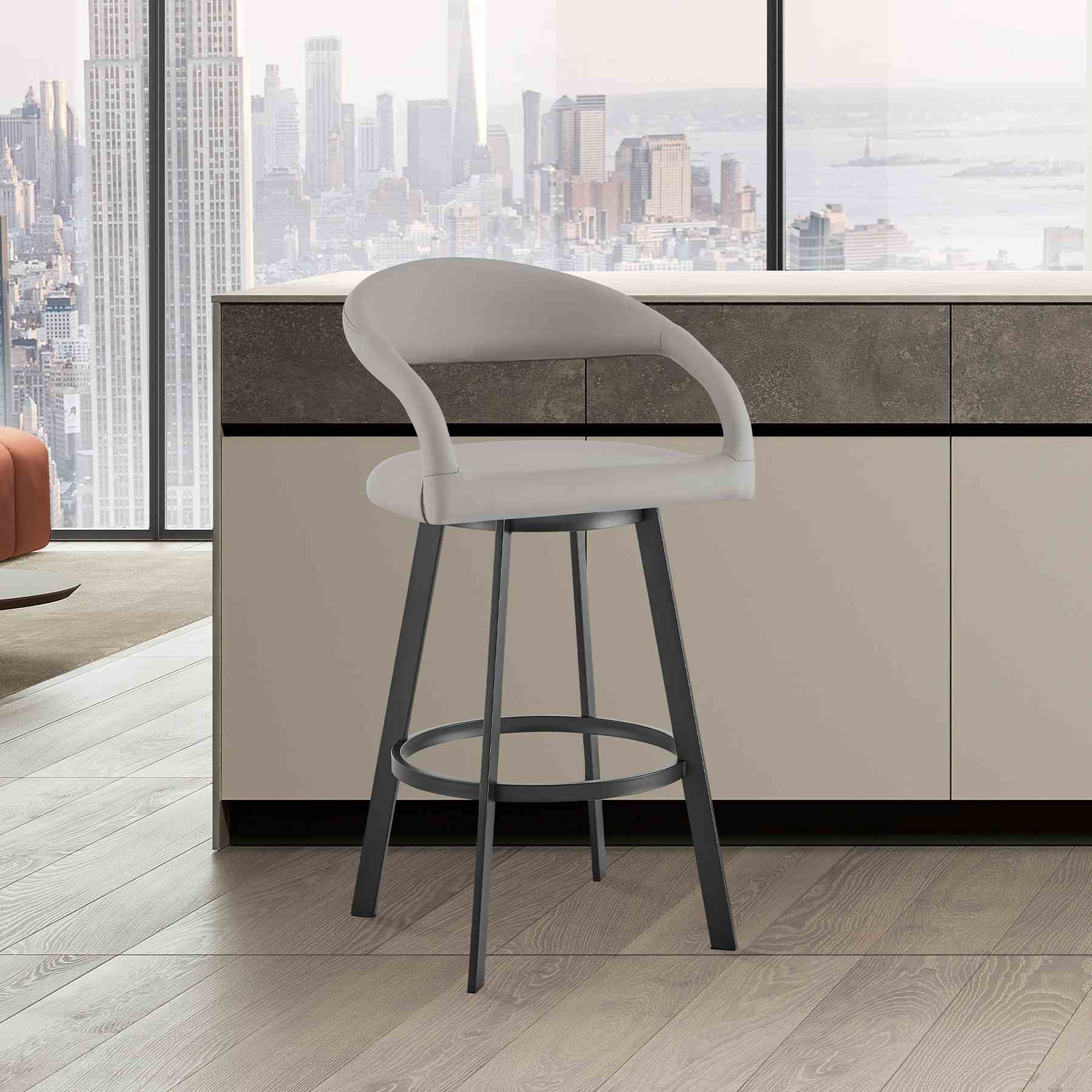 Ramona 30" Swivel Bar Stool with Matte Black Iron and Light Gray Faux Leather - Image 10