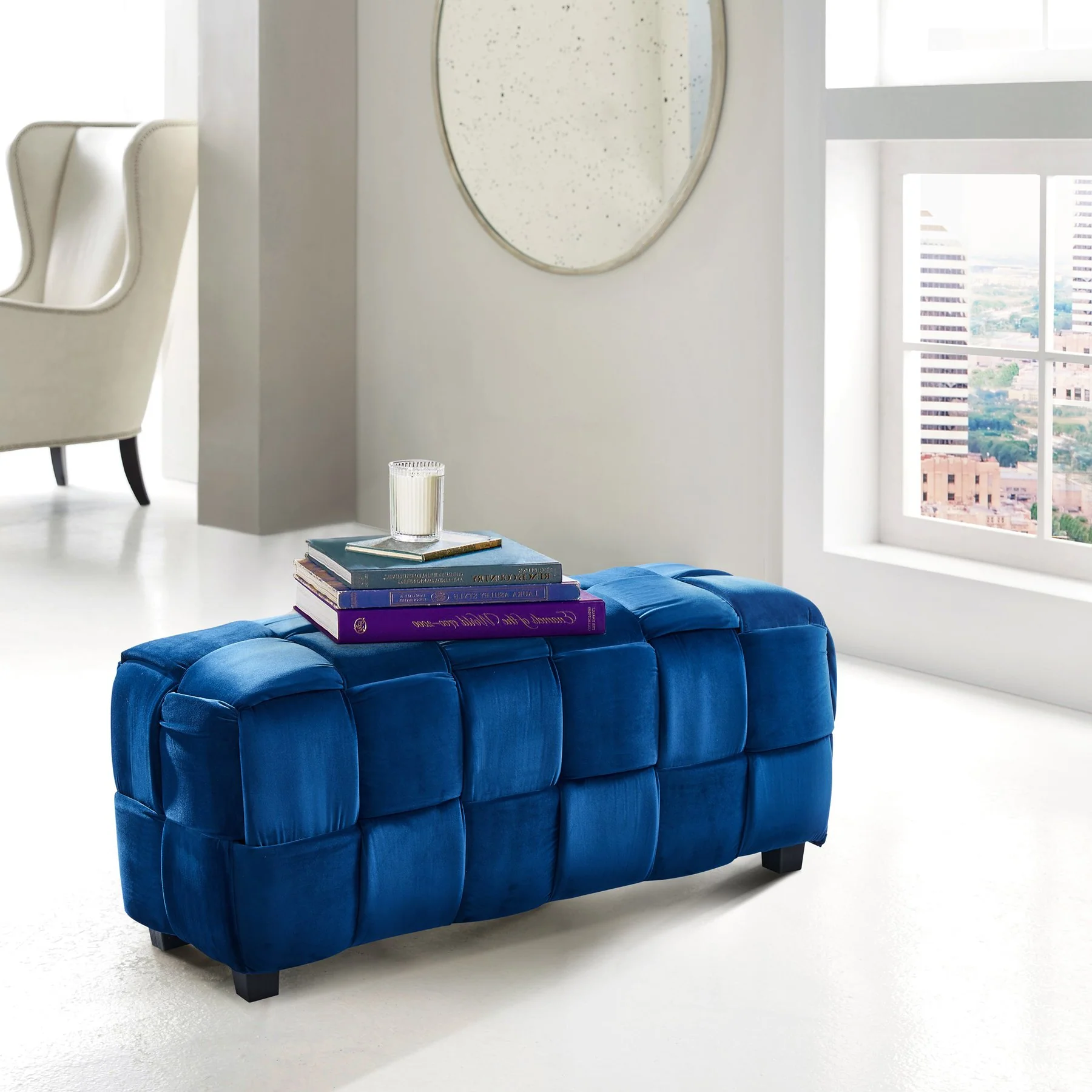 Raven Contemporary Long Ottoman in Blue Velvet - Image 3
