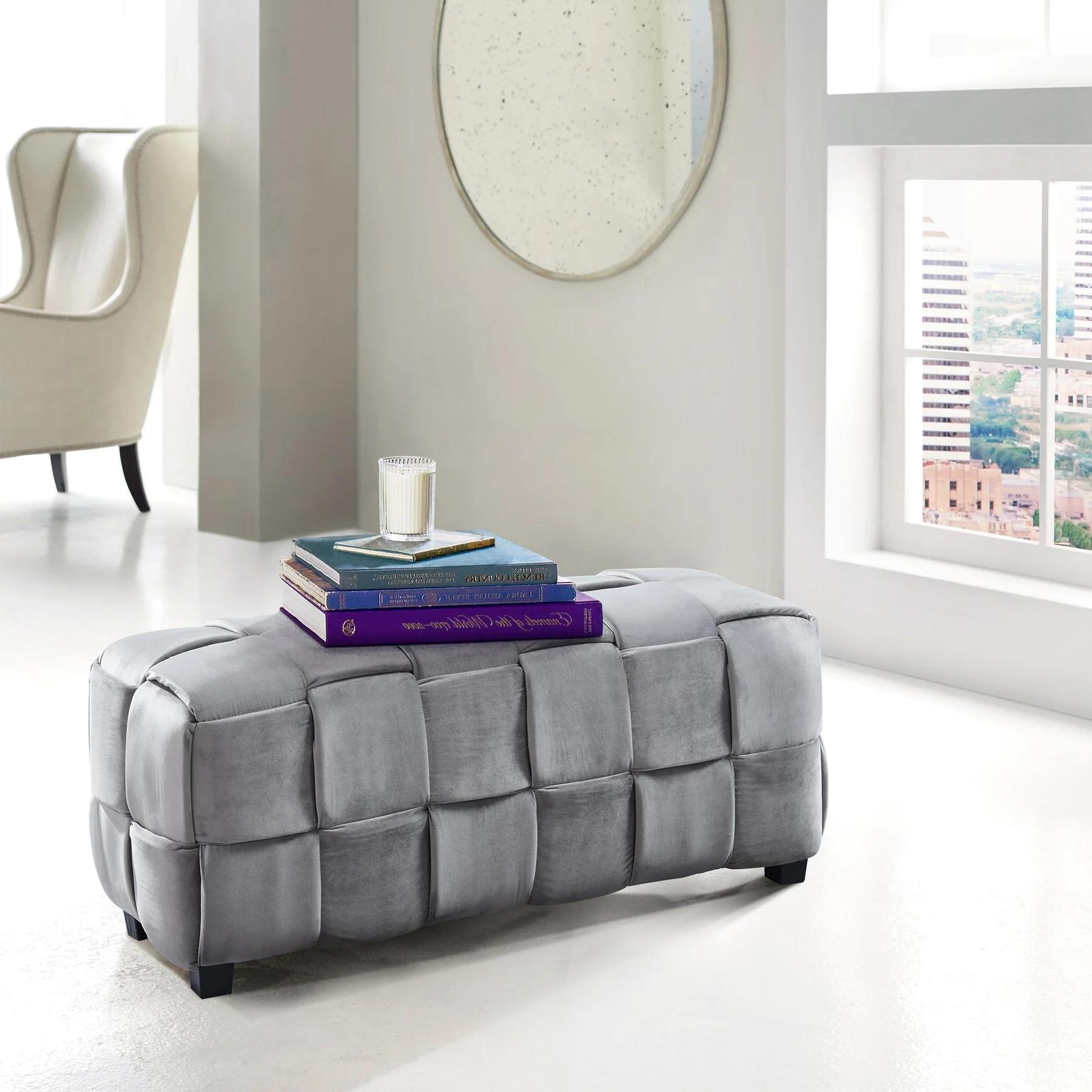 Raven Contemporary Long Ottoman in Gray Velvet - Image 3