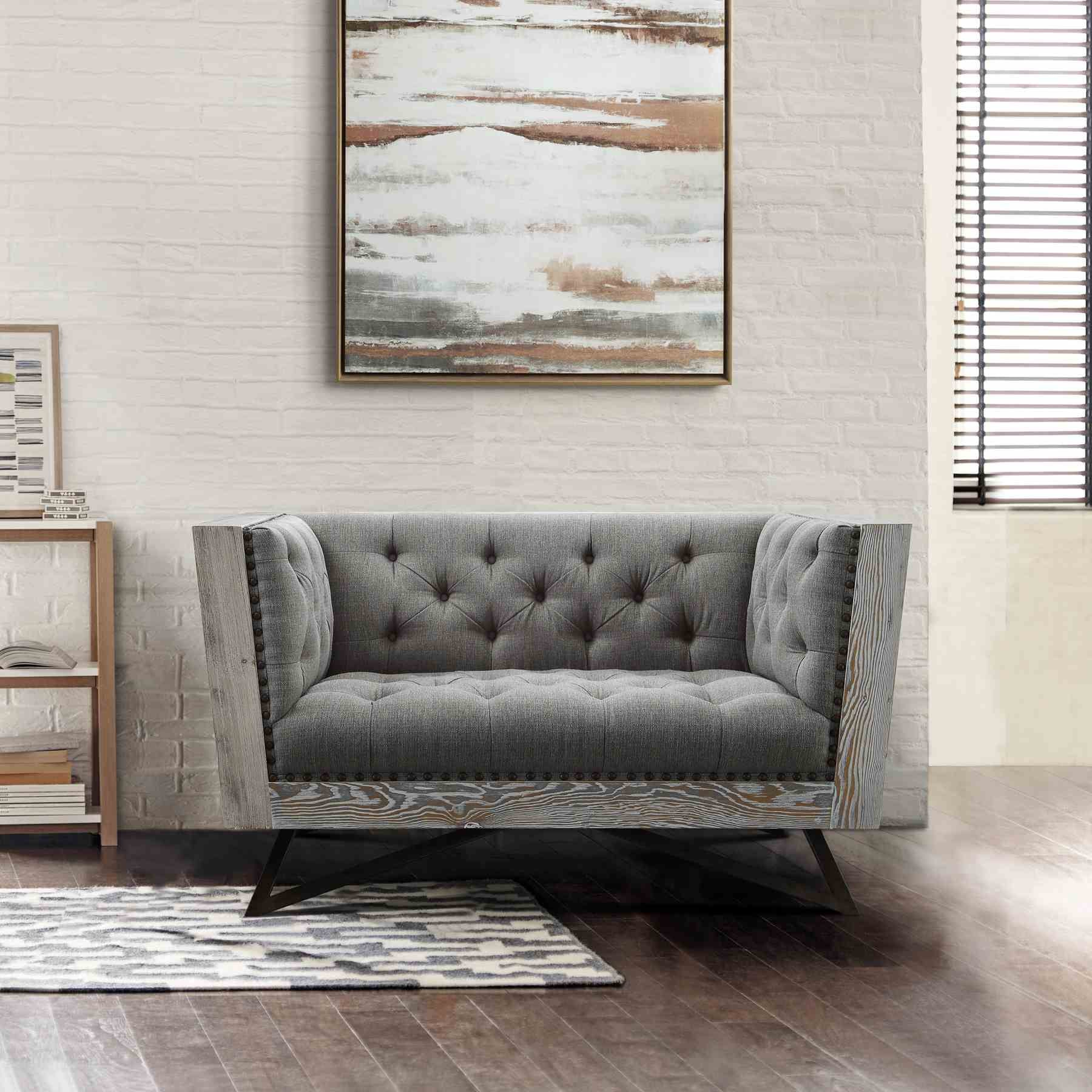 Regis Contemporary Chair in Gray Fabric with Black Metal Finish Legs and Antique Brown Nailhead Accents - Image 3