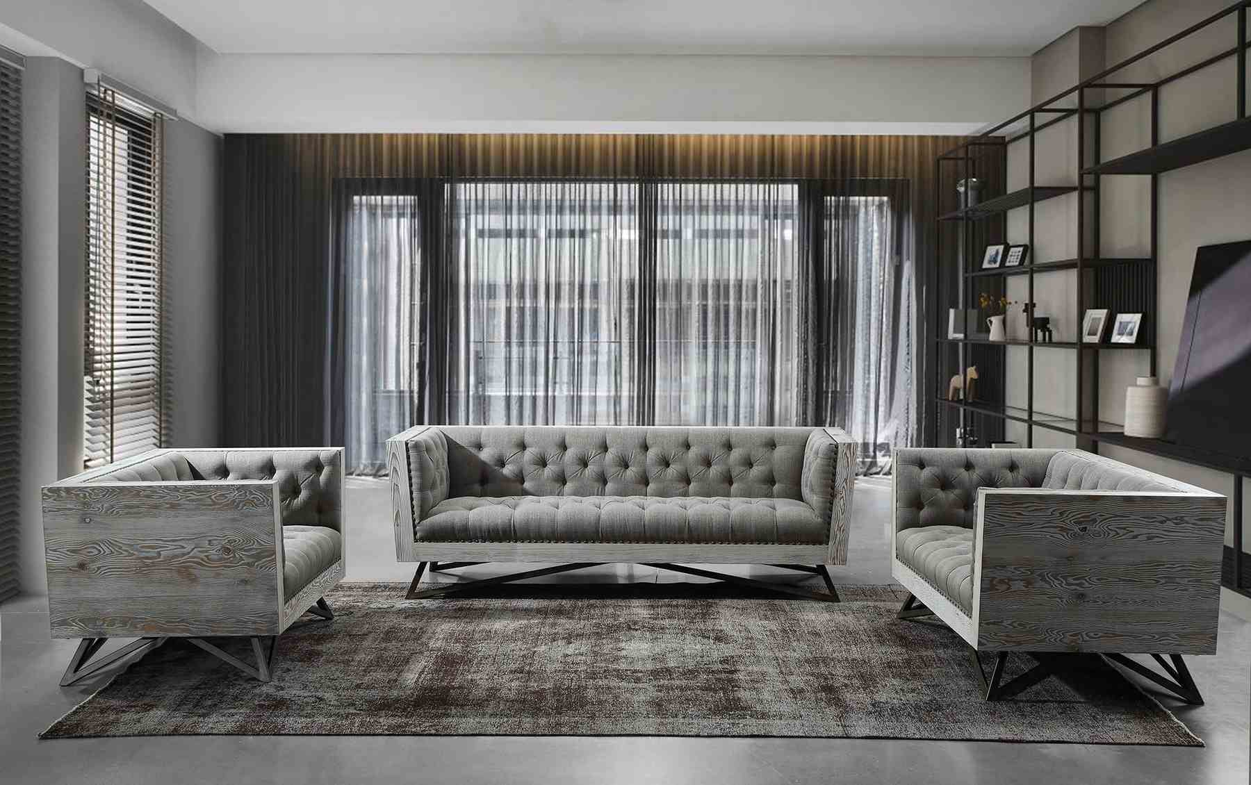 Regis Contemporary Sofa in Gray Fabric with Black Metal Finish Legs and Antique Brown Nailhead Accents - Image 4