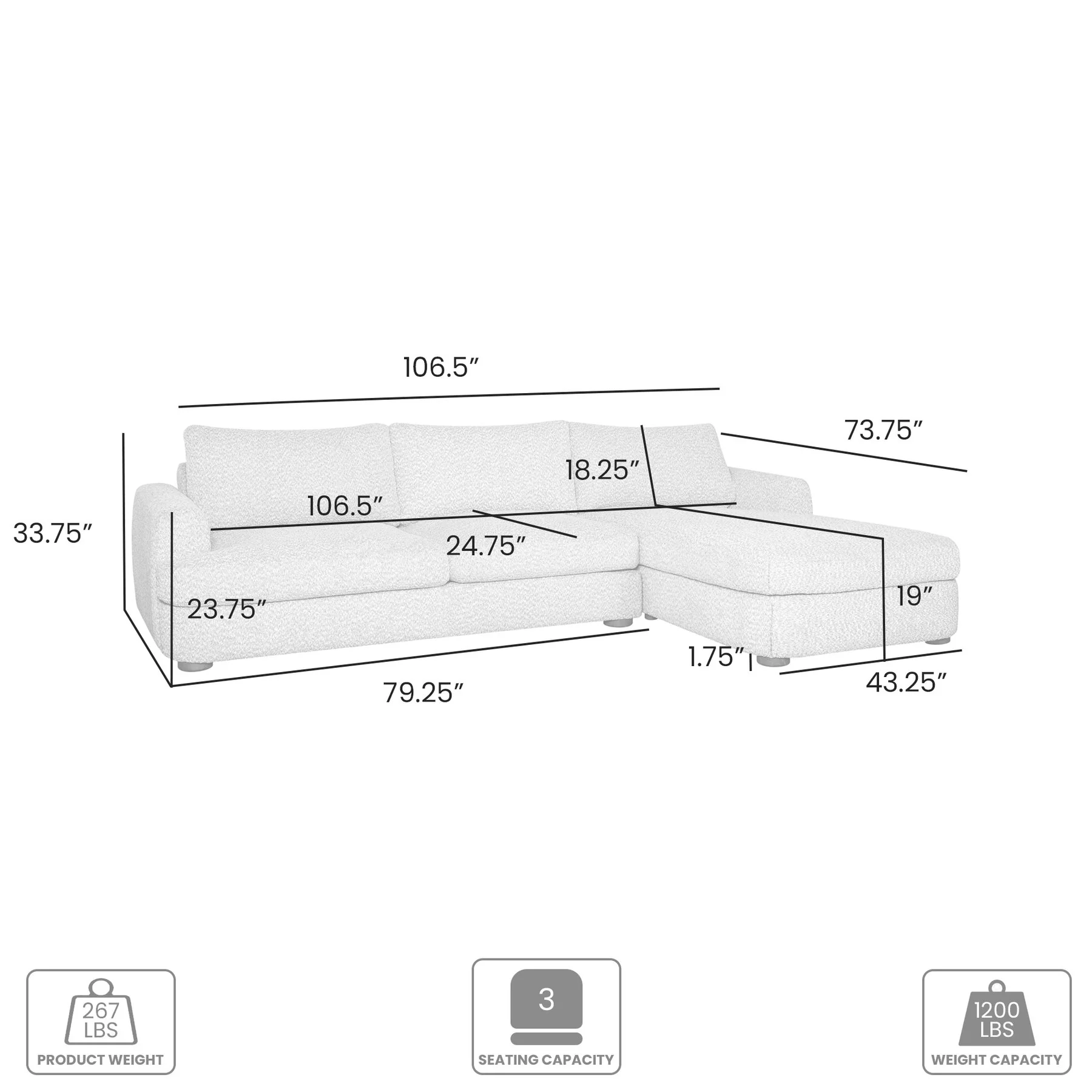 Reid 123 in. Right Arm Facing  Rectangular Sectional Sofa in Snow Fleck Fabric with Round Arms - Image 7