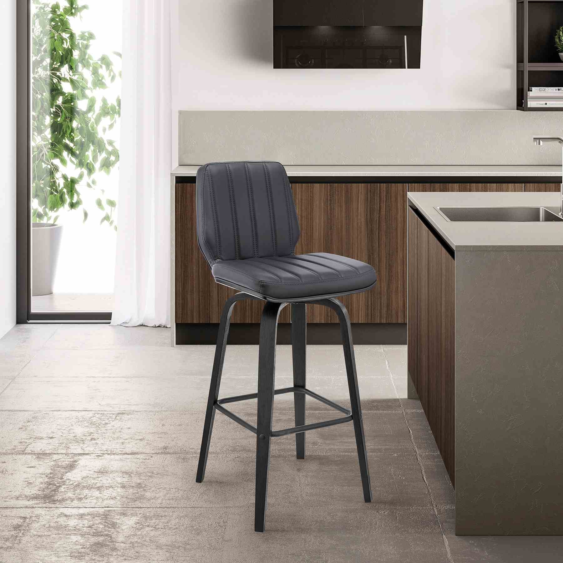 Renee 26" Swivel Gray Faux Leather and Black Wood Bar Stool - Image 10