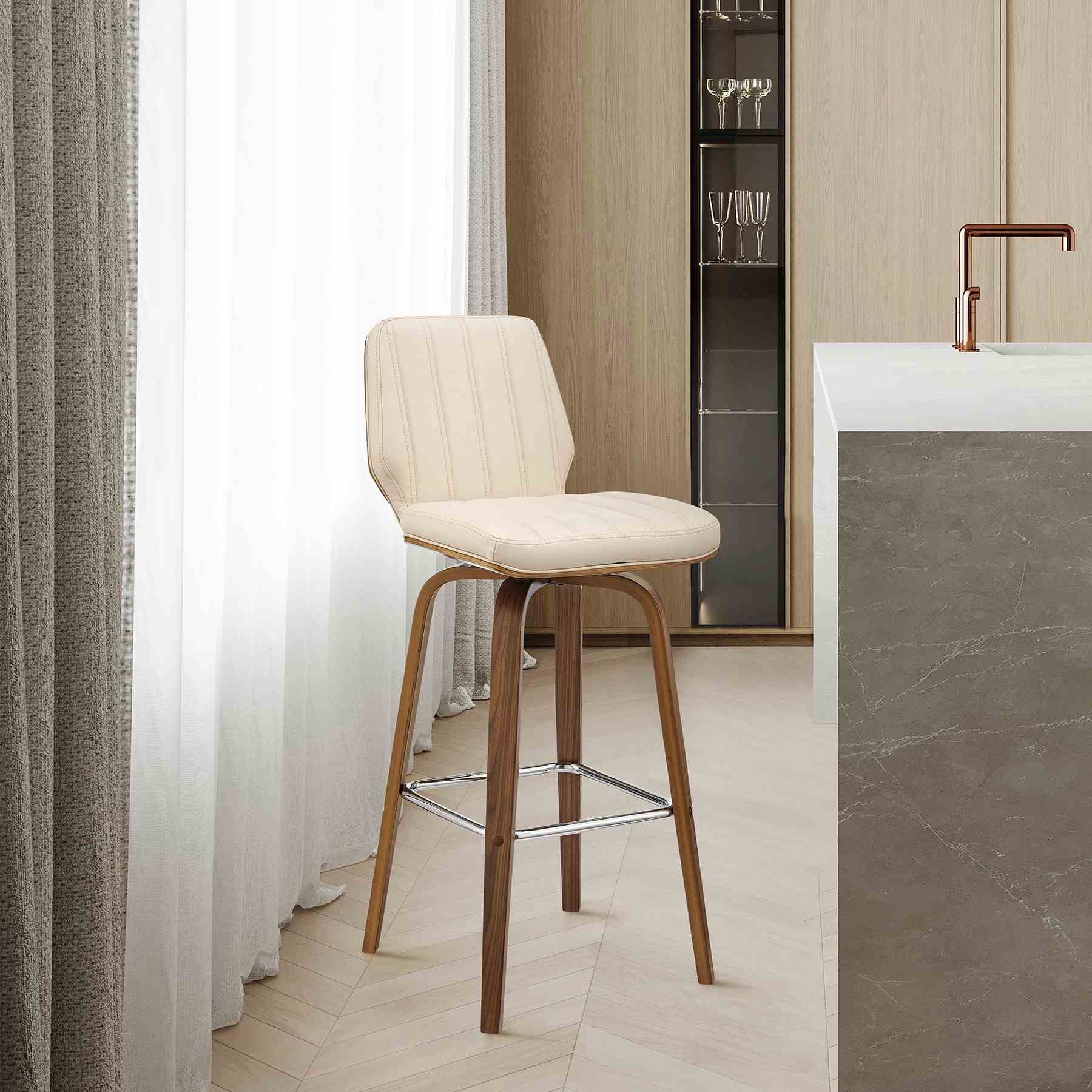 Renee 30" Swivel Cream Faux Leather and Walnut Wood Bar Stool - Image 10