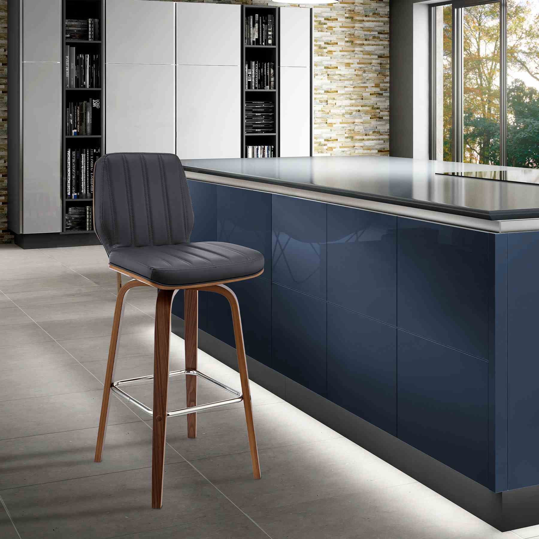 Renee 30" Swivel Gray Faux Leather and Walnut Wood Bar Stool - Image 10