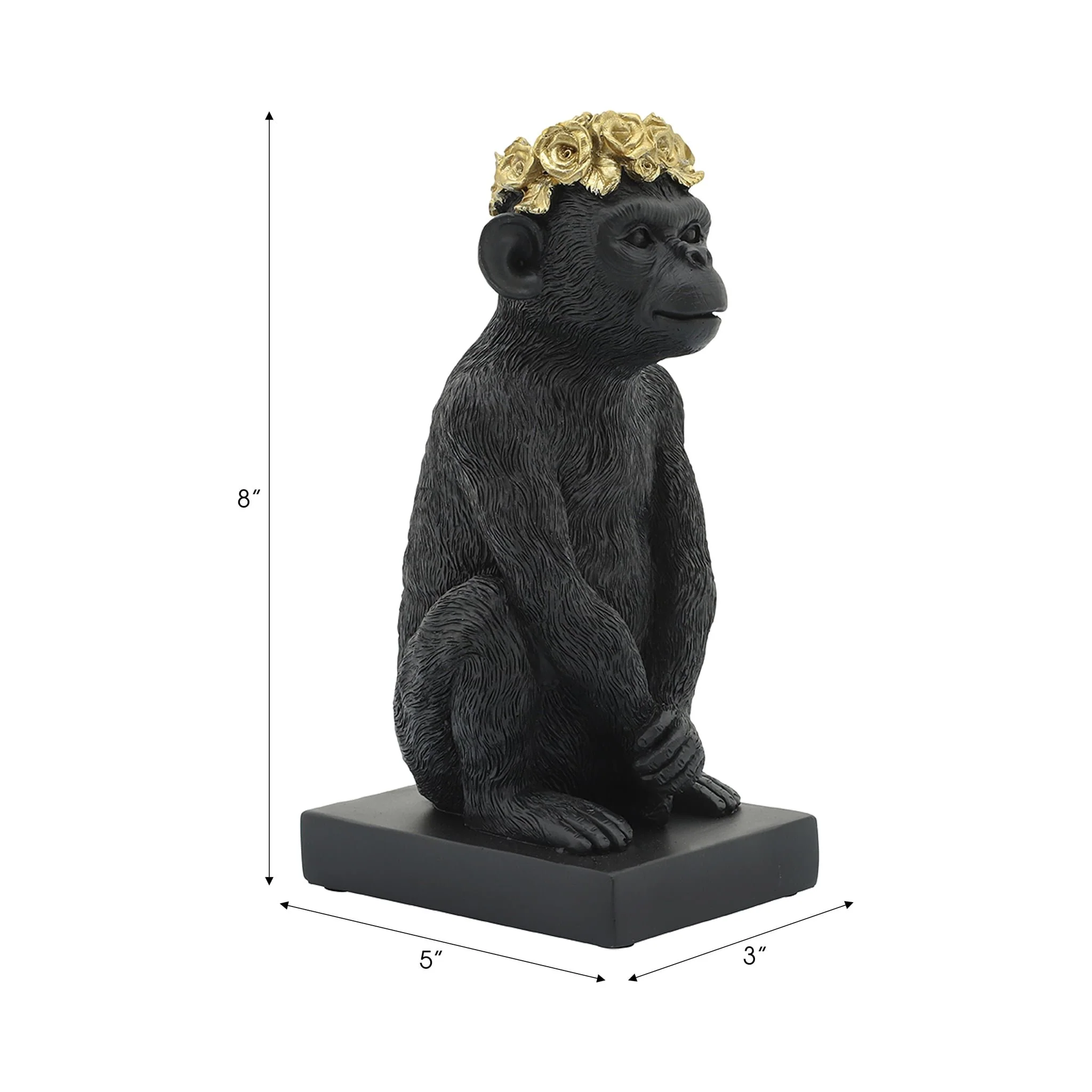 Res, 8" Monkey Flower Crown Figurine,  Blk/gld - Image 6
