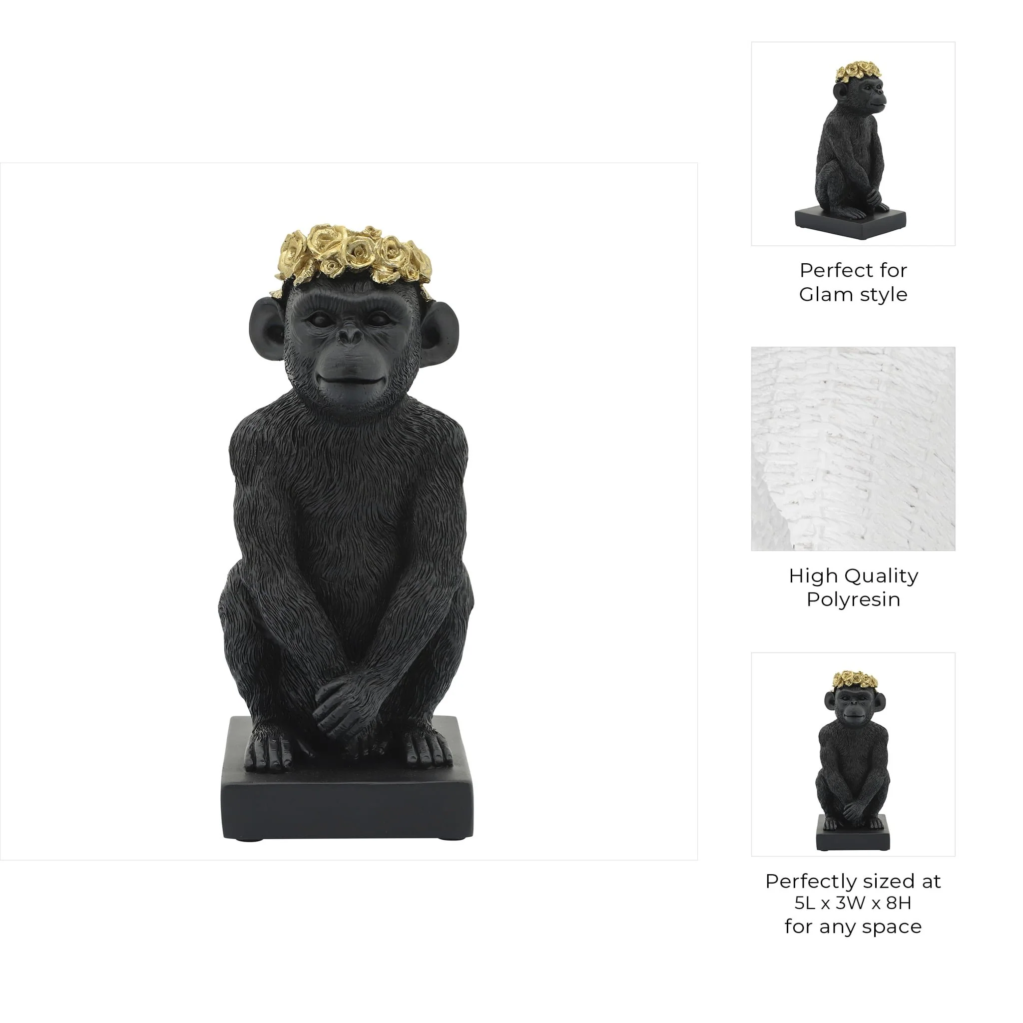 Res, 8" Monkey Flower Crown Figurine,  Blk/gld - Image 7
