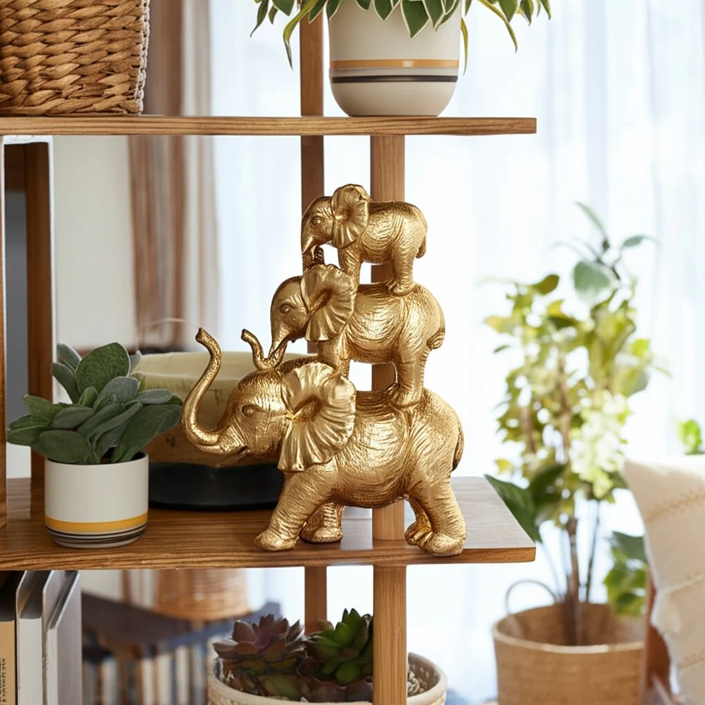 Resin, 10" Stacked Raised Trunk Elephants, Gold - Image 12
