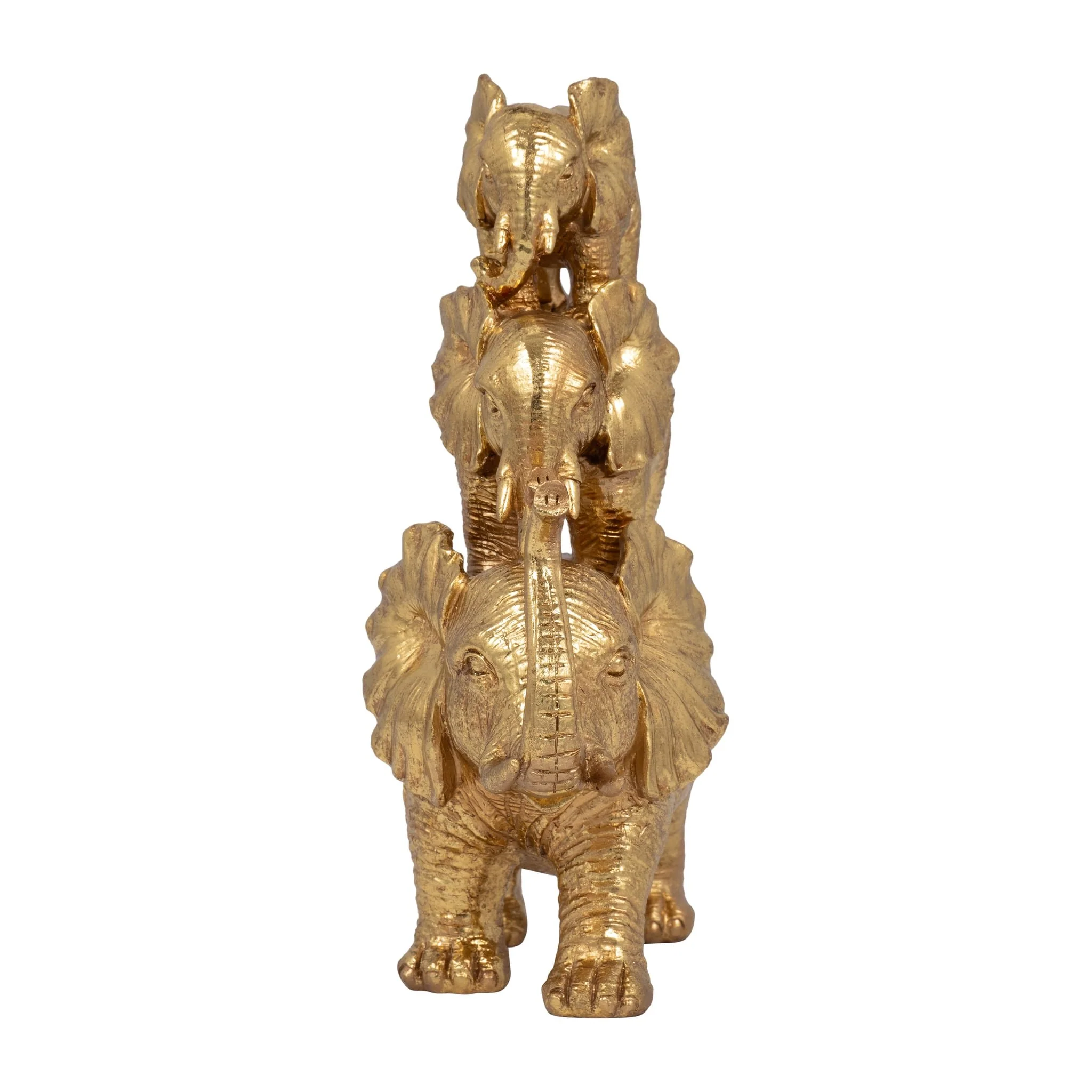 Resin, 10" Stacked Raised Trunk Elephants, Gold - Image 3