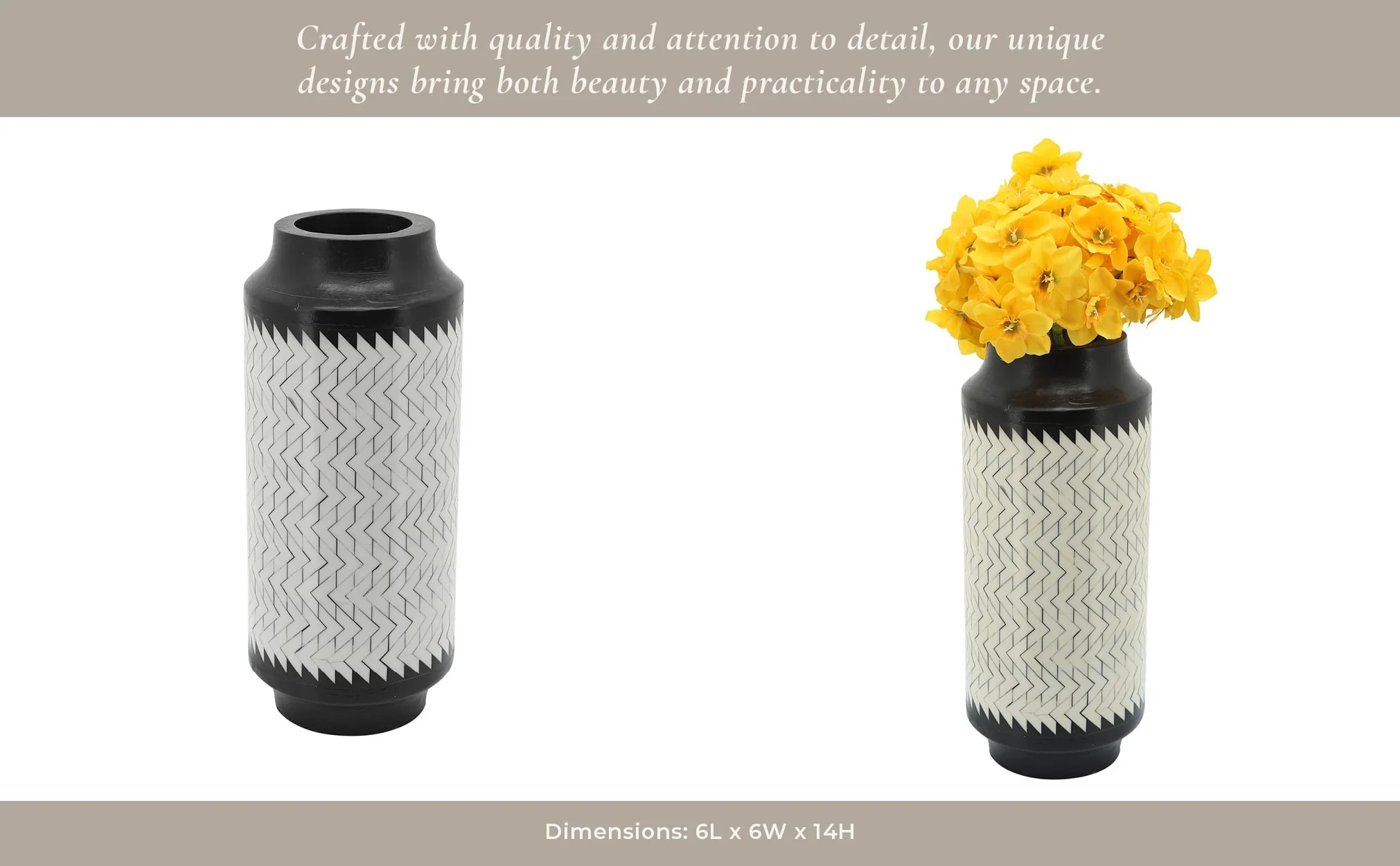 Resin 14"h Chevron Vase, Blk/white - Image 13