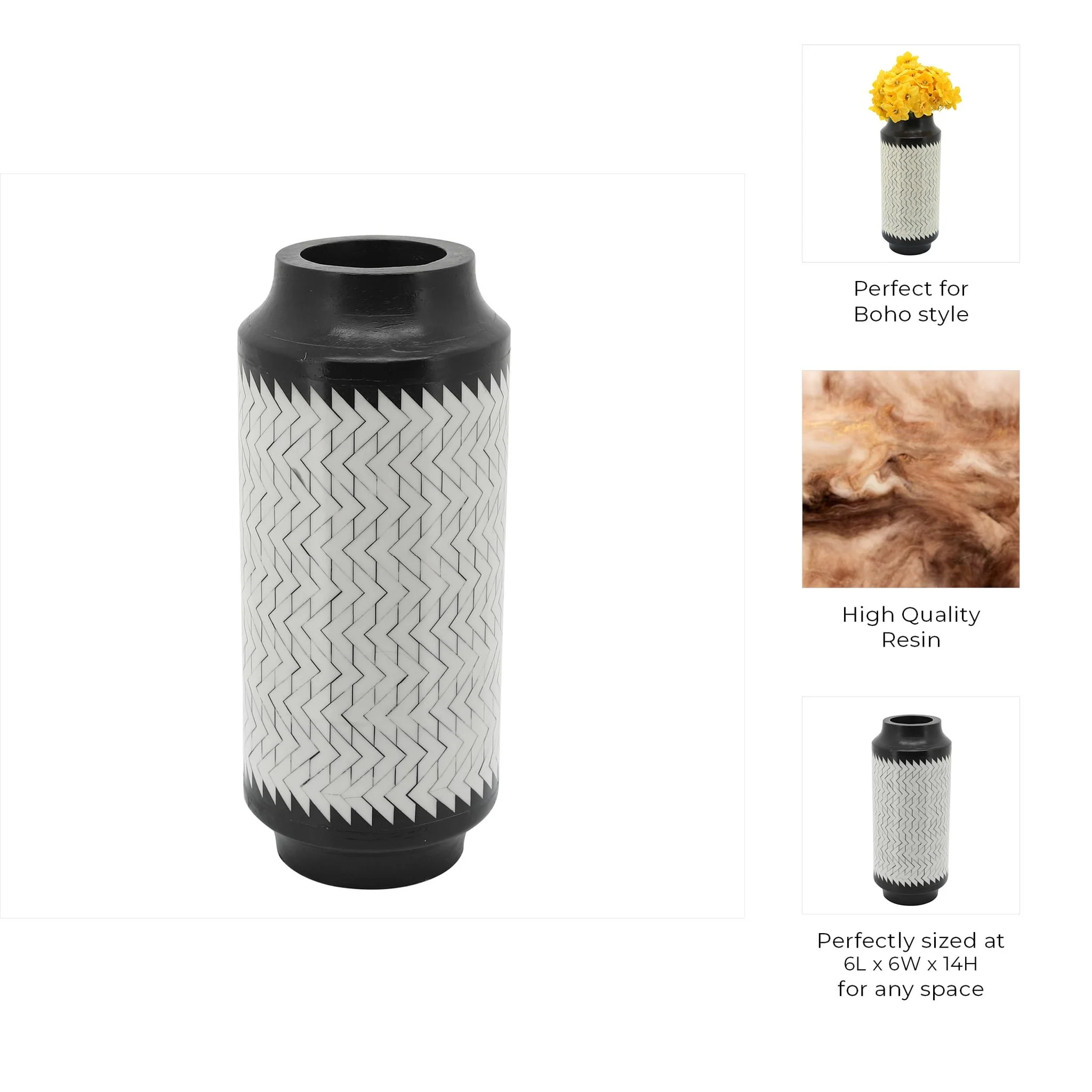 Resin 14"h Chevron Vase, Blk/white - Image 9