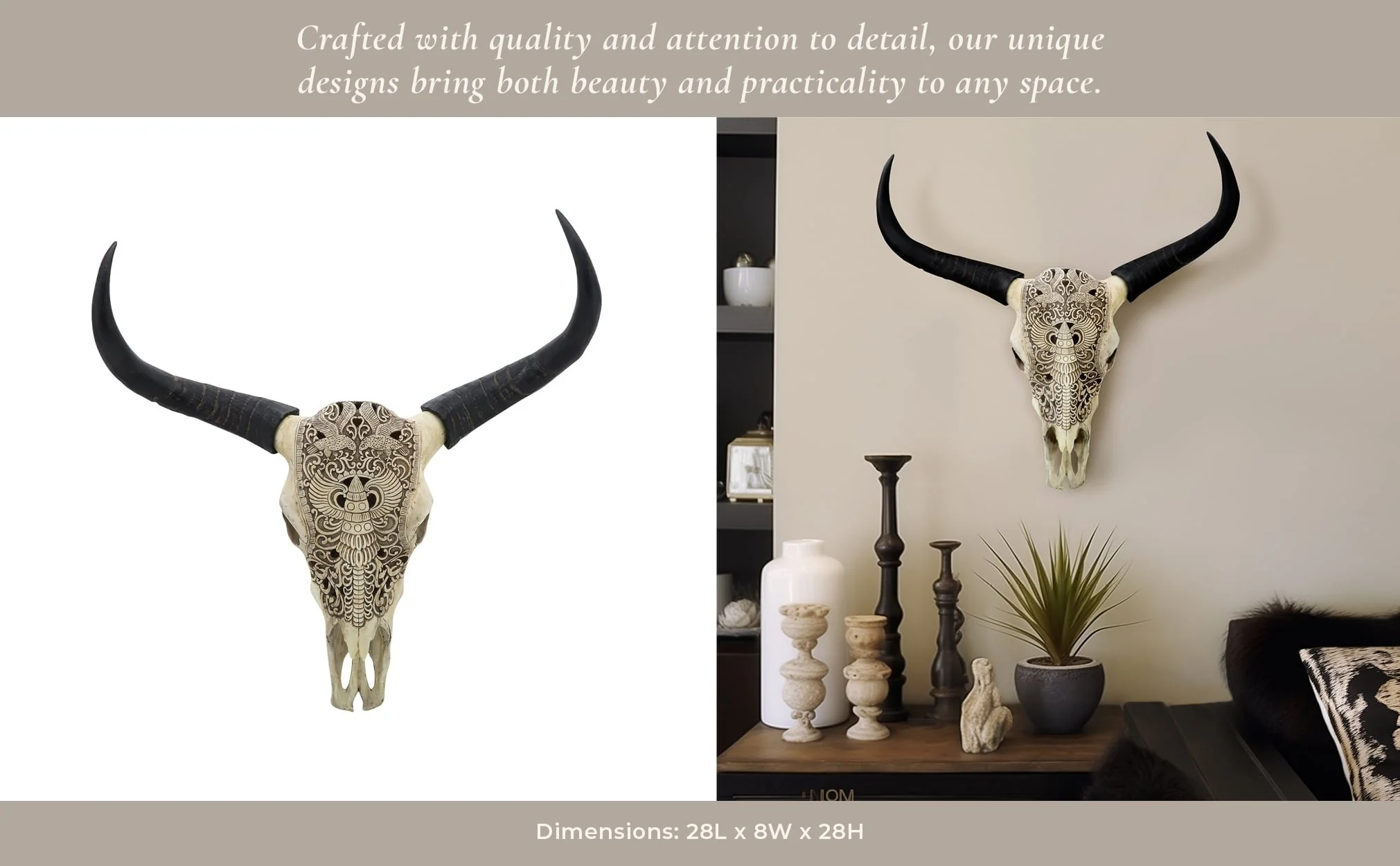 Resin, 28" Bull Skull Wall Accent, Ivory/black Kd - Image 9
