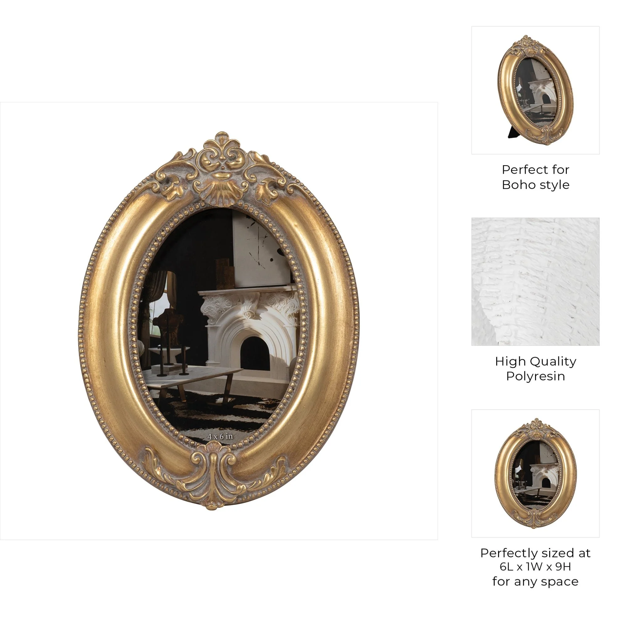 Resin, 4x6 Round Applique Photo Frame, Gold - Image 7