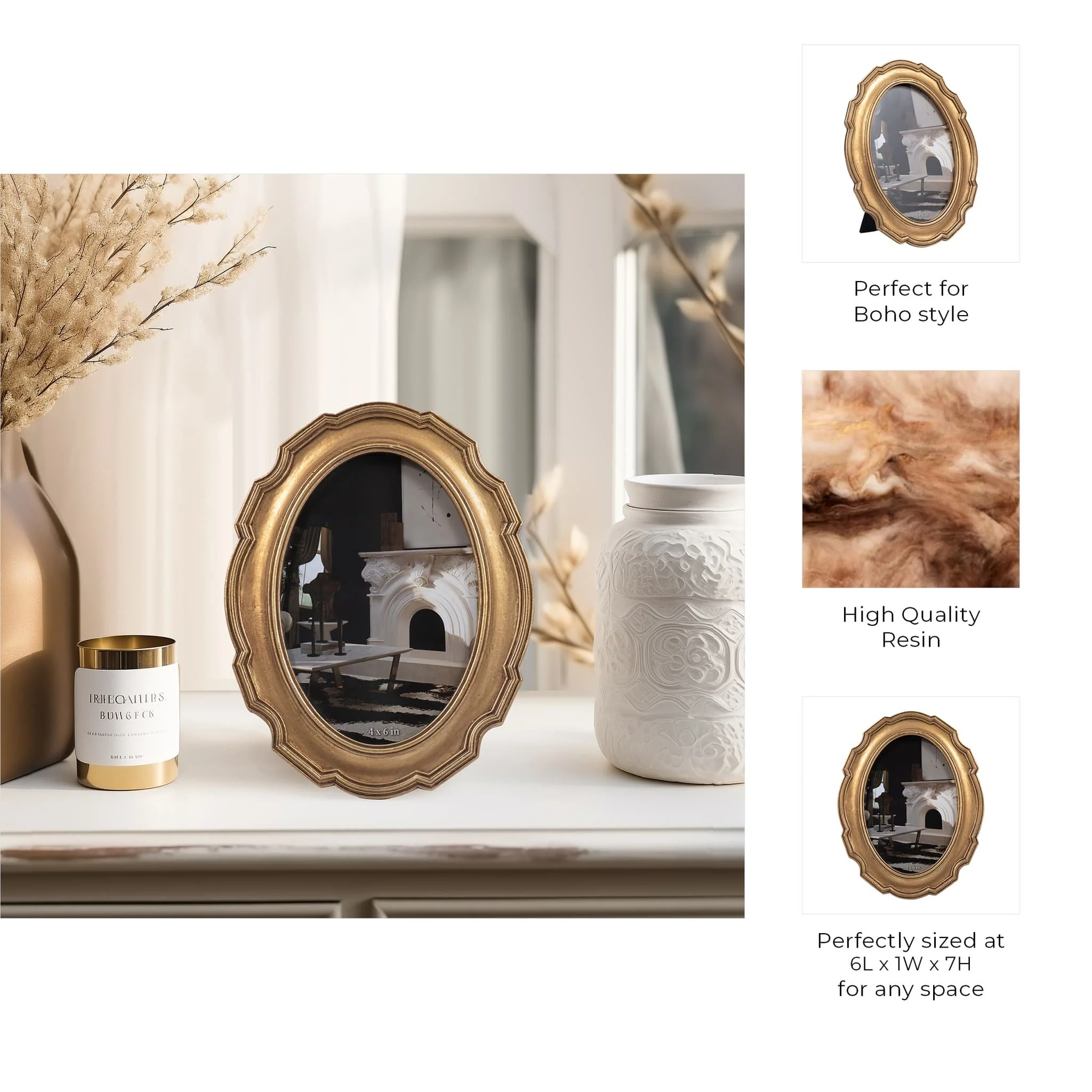 Resin, 4x6 Round Vintage Photo Frame, Gold - Image 7