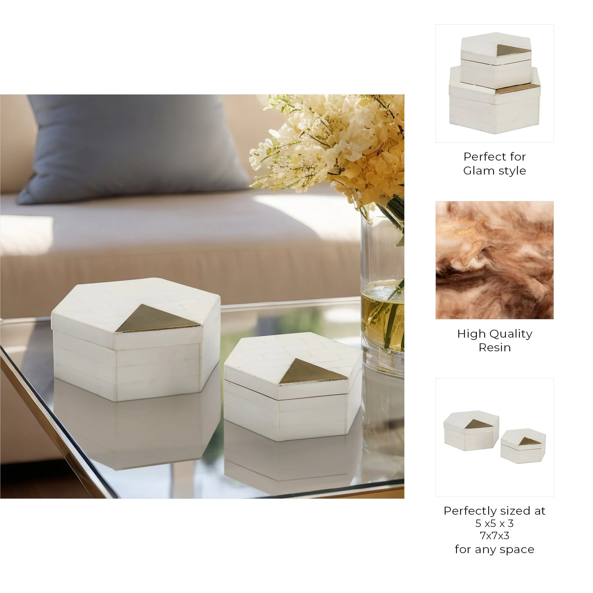 Resin, S/2 5/7" Hxgon Boxes W/brass Inlay, Wht/gld - Image 10
