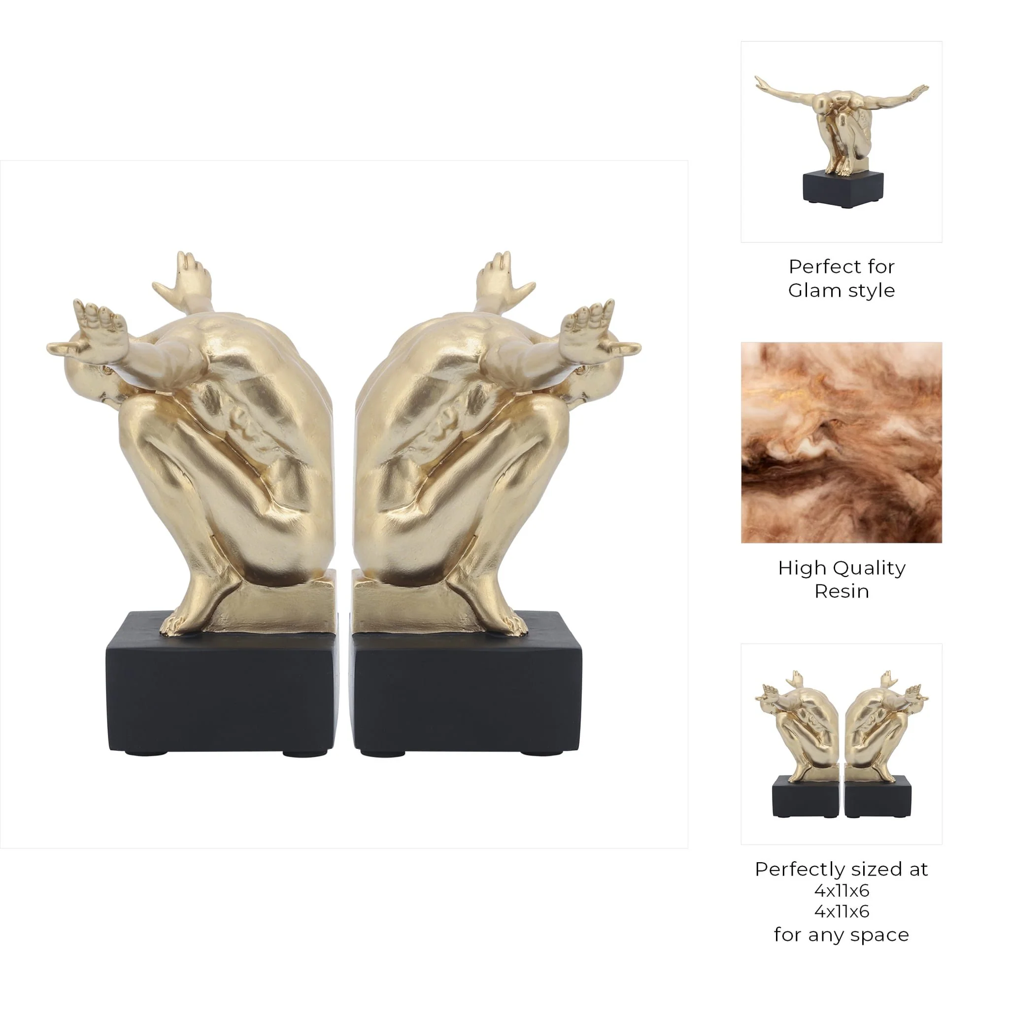 Resin, S/2, 6''h,  Man Sculpture Bookend, Gold - Image 7