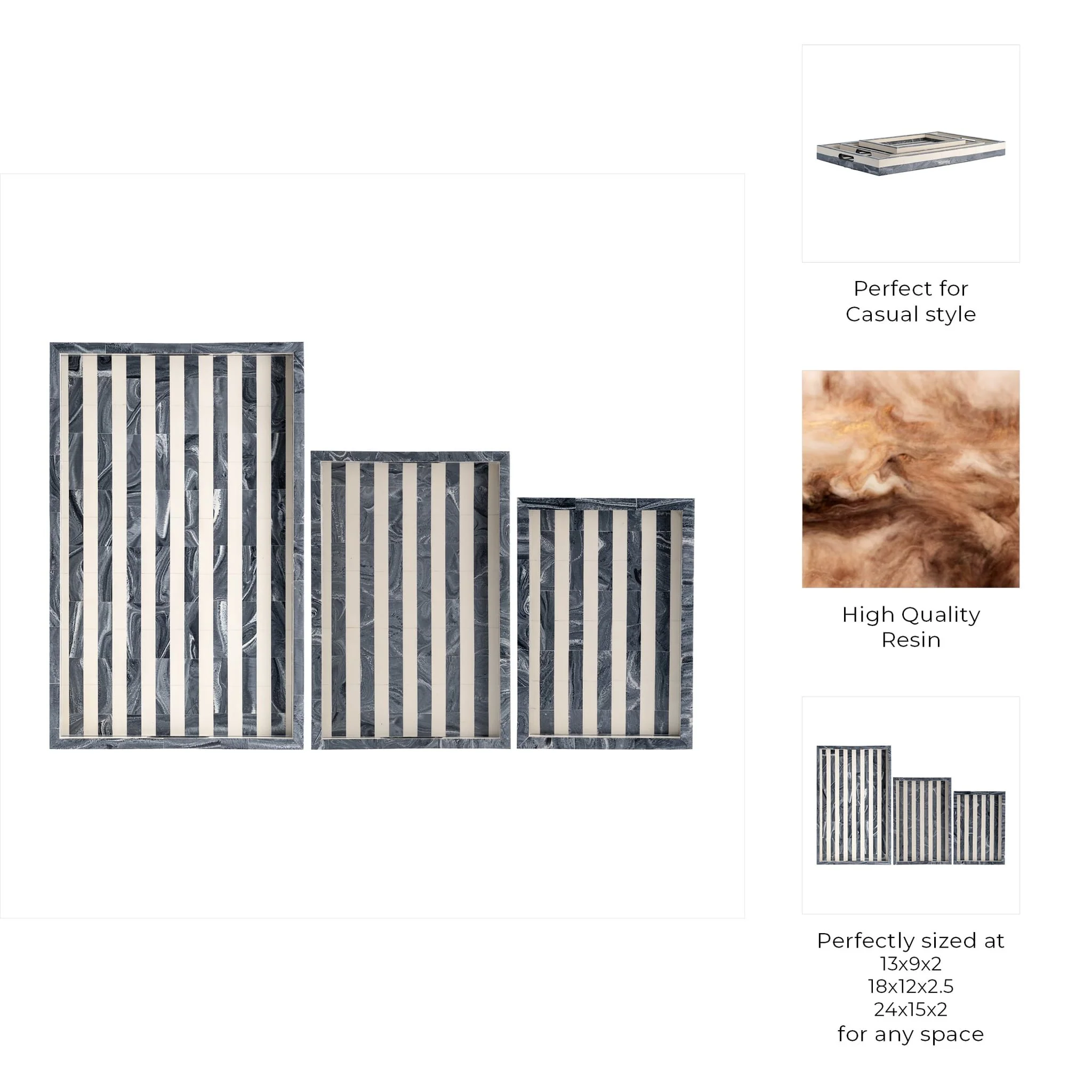 Resin, S/3 13/18/24" Stripe Lines Trays, Bl - Image 10
