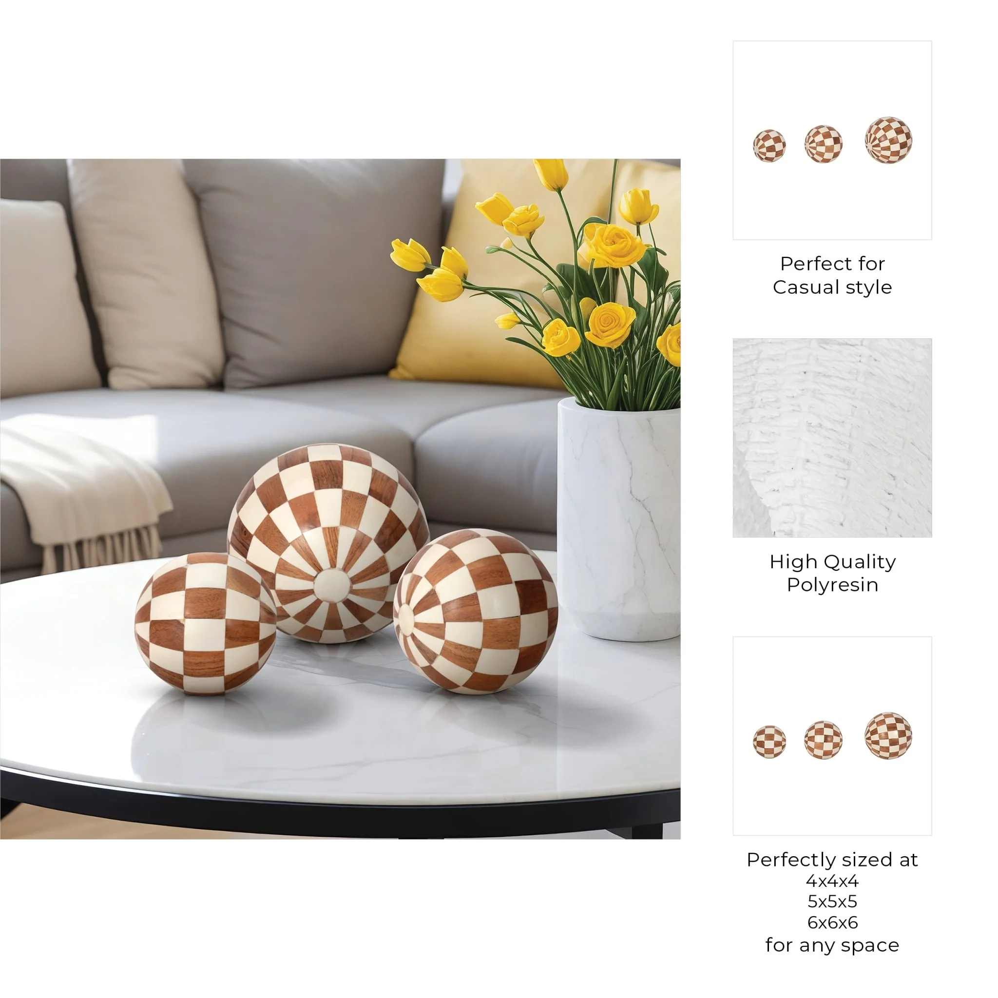 Resin, S/3 4/5/6" Checkered Orbs, Ivory/natural - Image 7