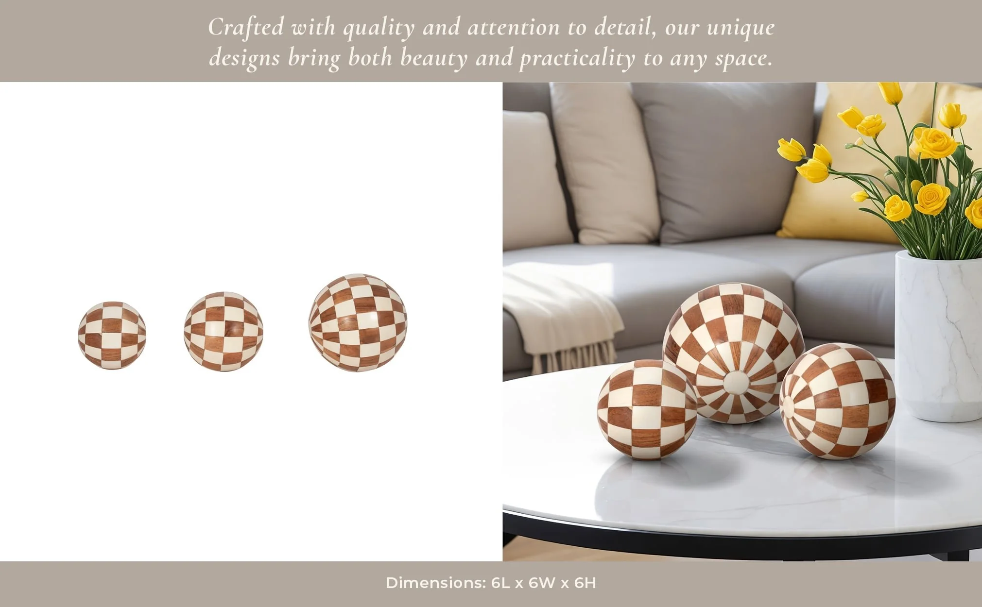 Resin, S/3 4/5/6" Checkered Orbs, Ivory/natural - Image 9