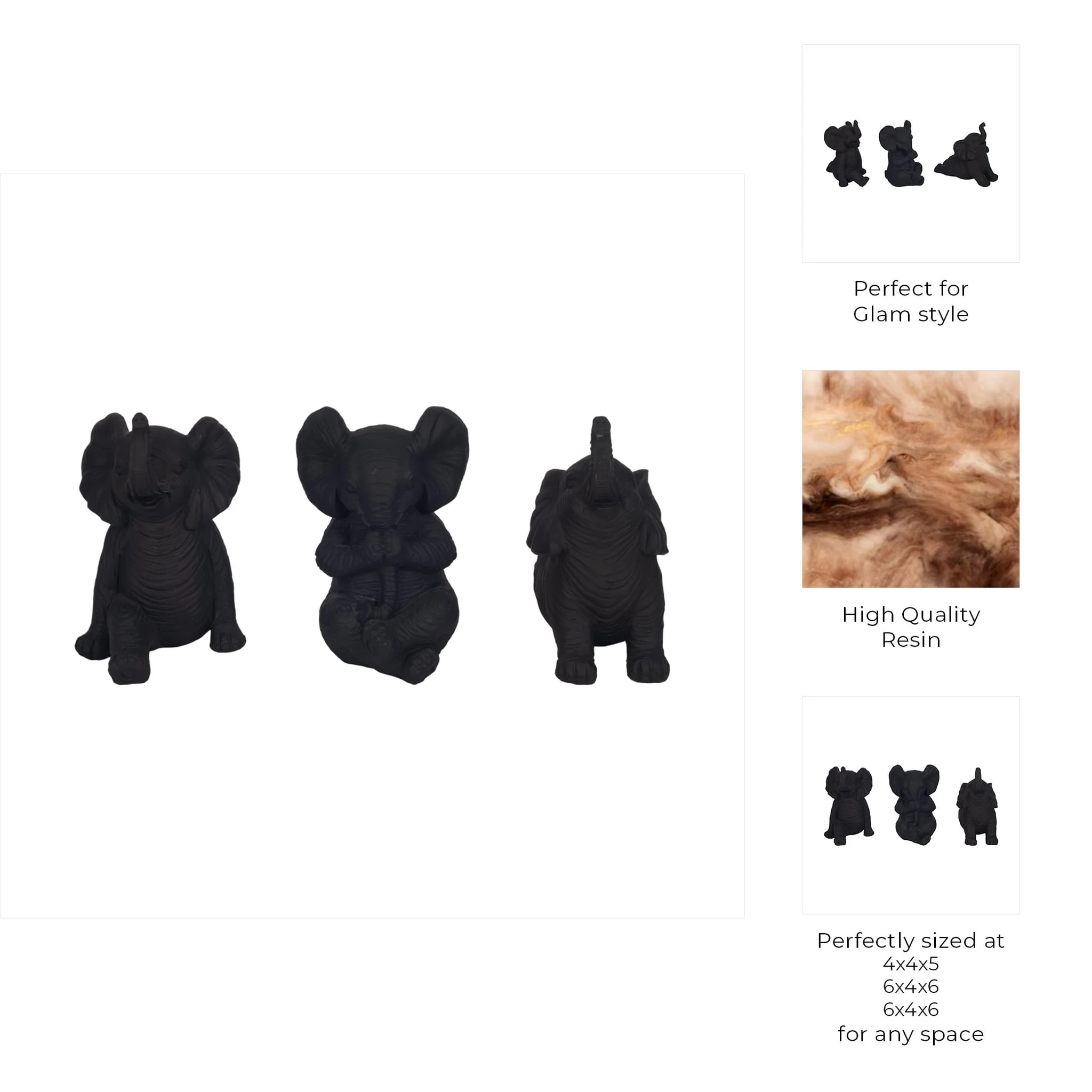 Resin S/3 6" Stone Look Yoga Elephant, Antique Blk - Image 9