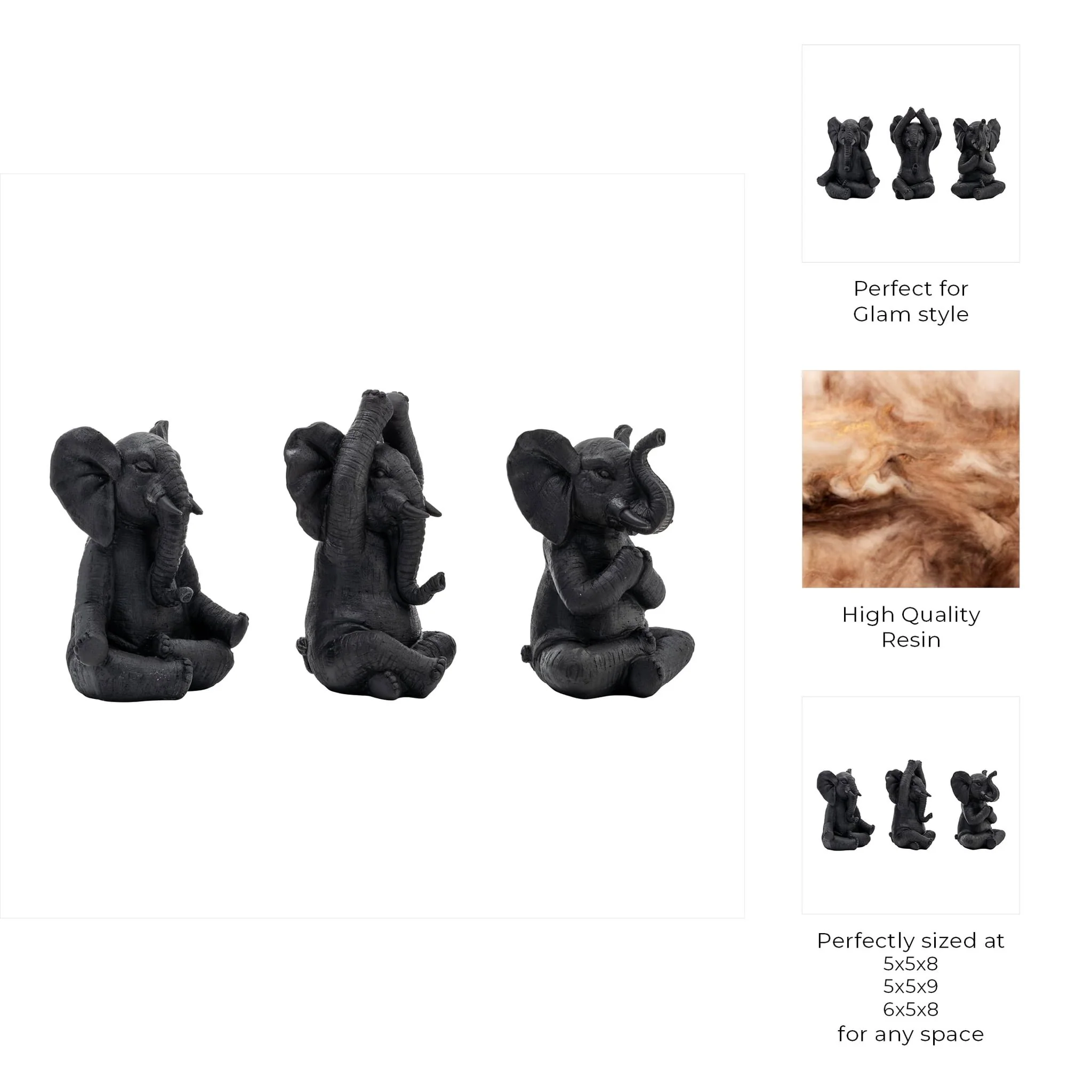 Resin, S/3, 8"h, Yoga Elephants, Blk - Image 8
