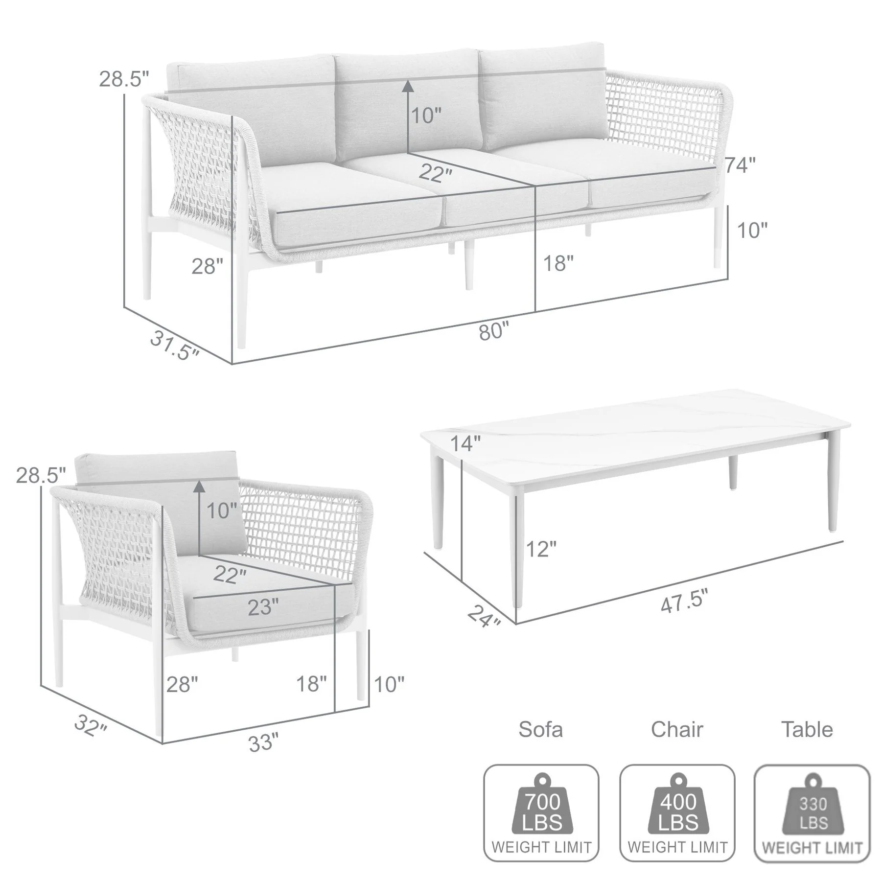 Rhodes Outdoor Patio 4 Piece Conversation Set in Aluminum with Sintered Stone and Gray Cushions - Image 11