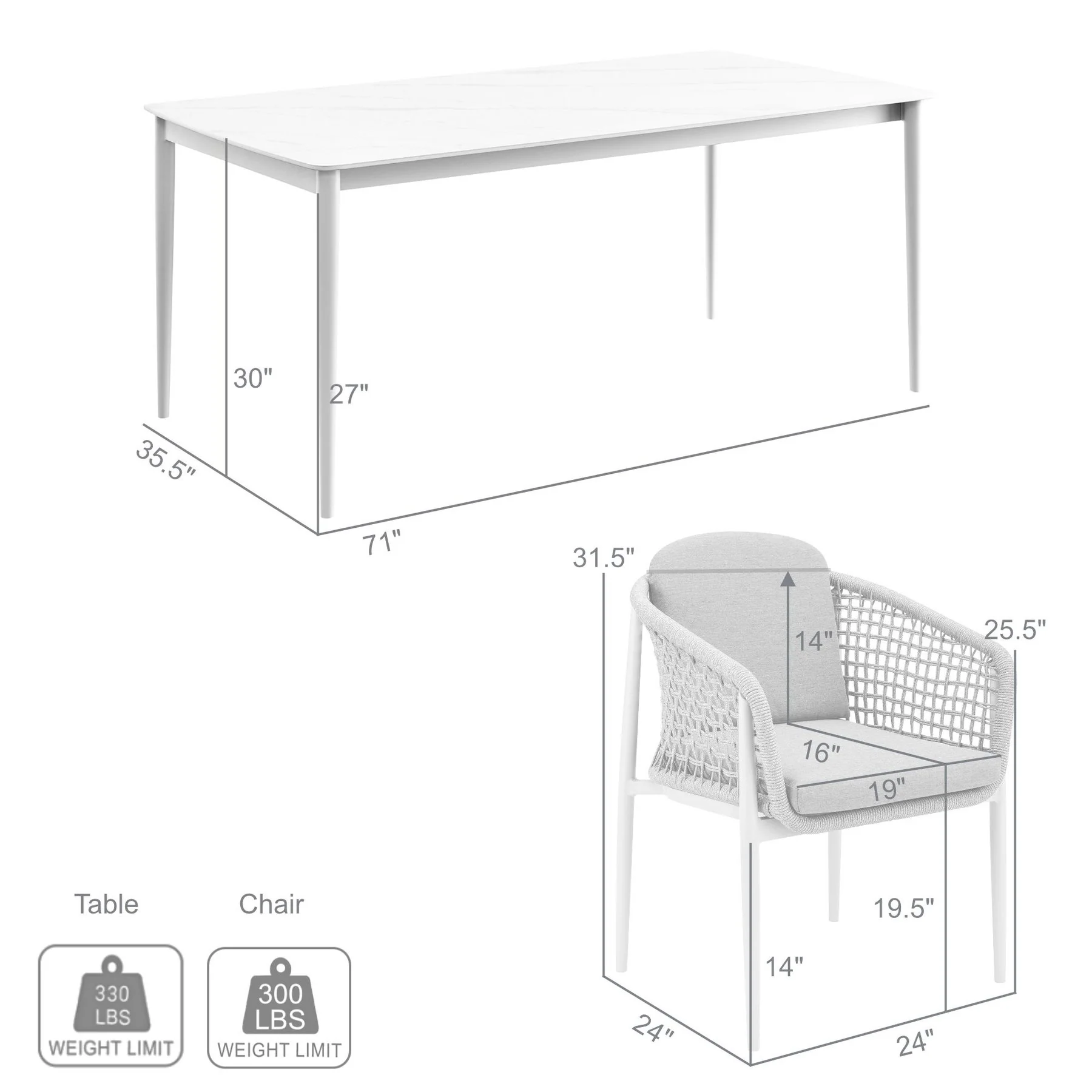 Rhodes Outdoor Patio 7 Piece Dining Set in Aluminum with Sintered Stone and Gray Cushions - Image 9