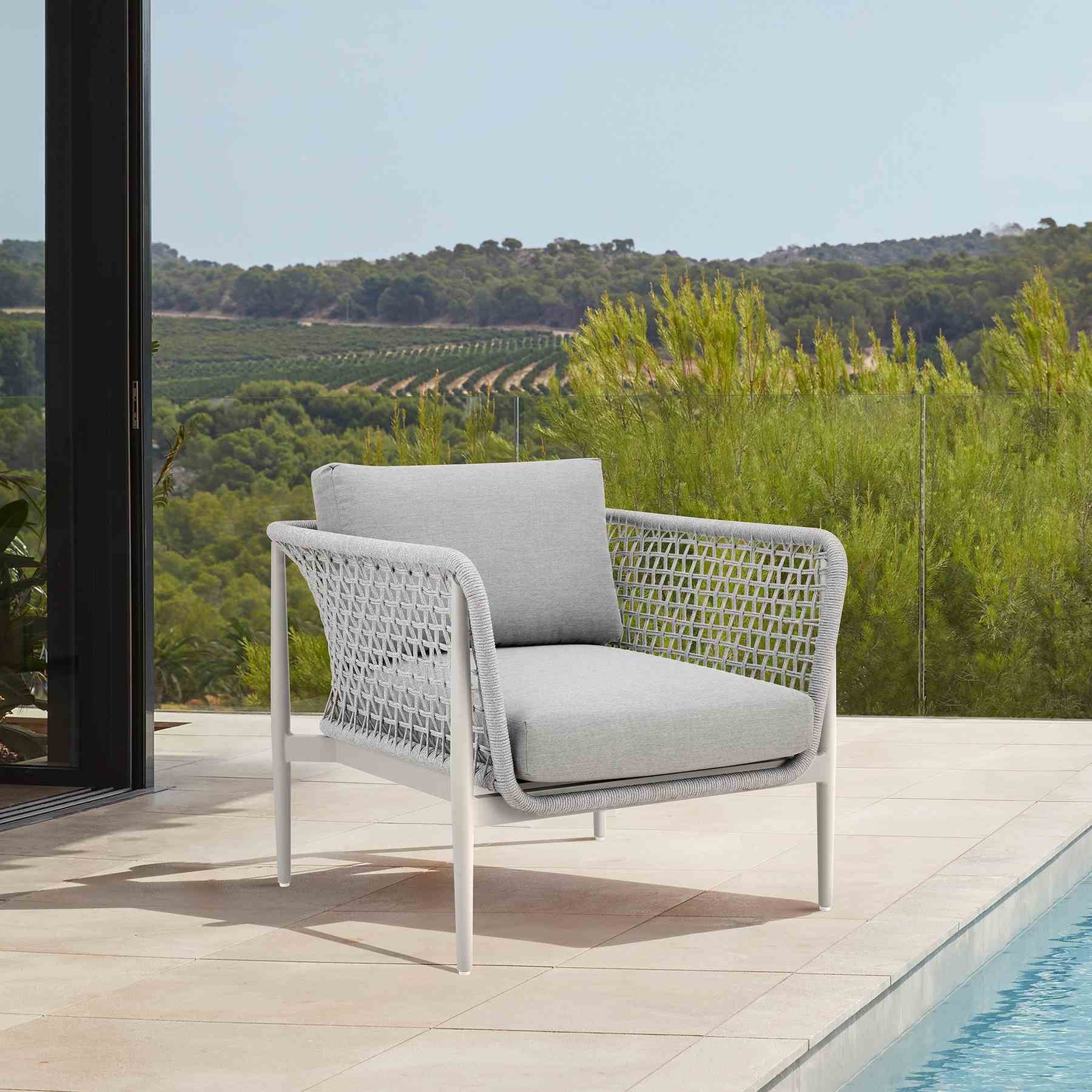 Rhodes Outdoor Patio Armchair in Aluminum with Light Gray Rope and Cushions - Image 10