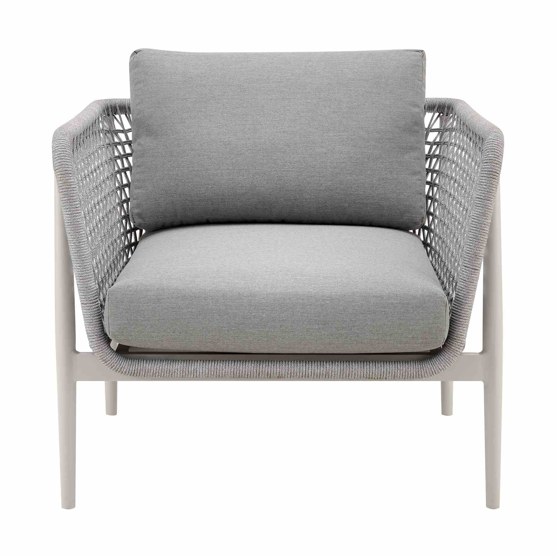 Rhodes Outdoor Patio Armchair in Aluminum with Light Gray Rope and Cushions - Image 2