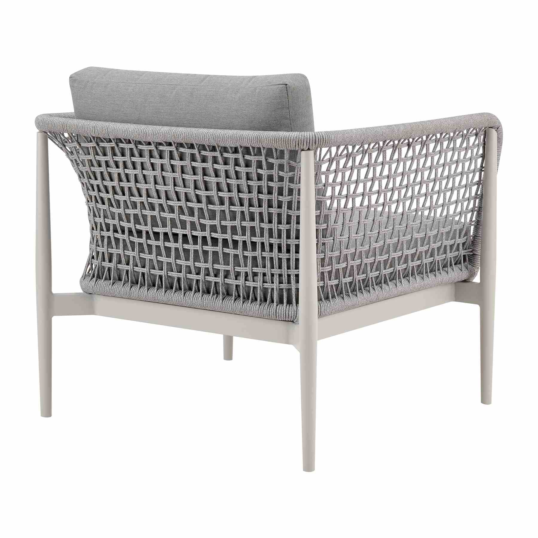 Rhodes Outdoor Patio Armchair in Aluminum with Light Gray Rope and Cushions - Image 3