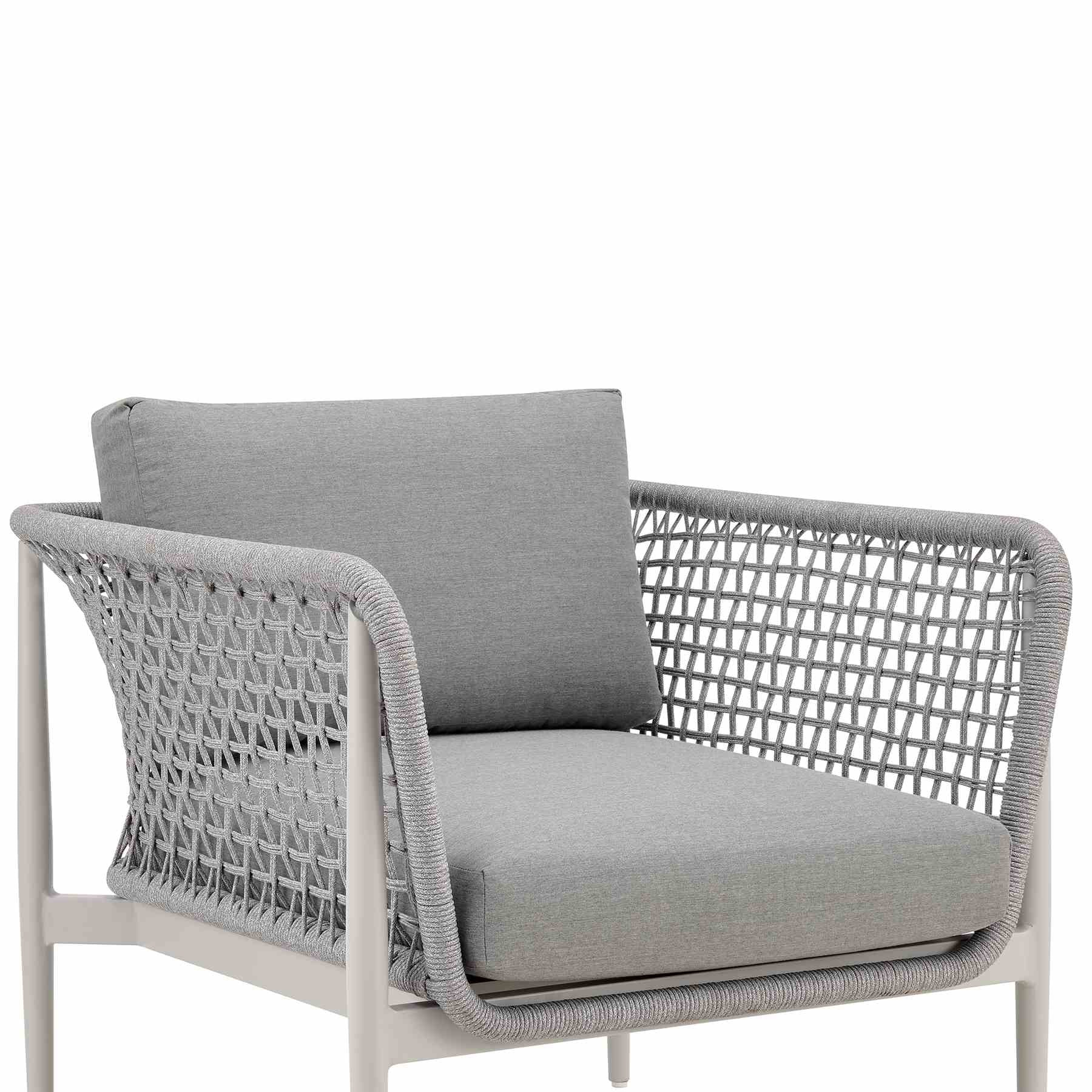 Rhodes Outdoor Patio Armchair in Aluminum with Light Gray Rope and Cushions - Image 4