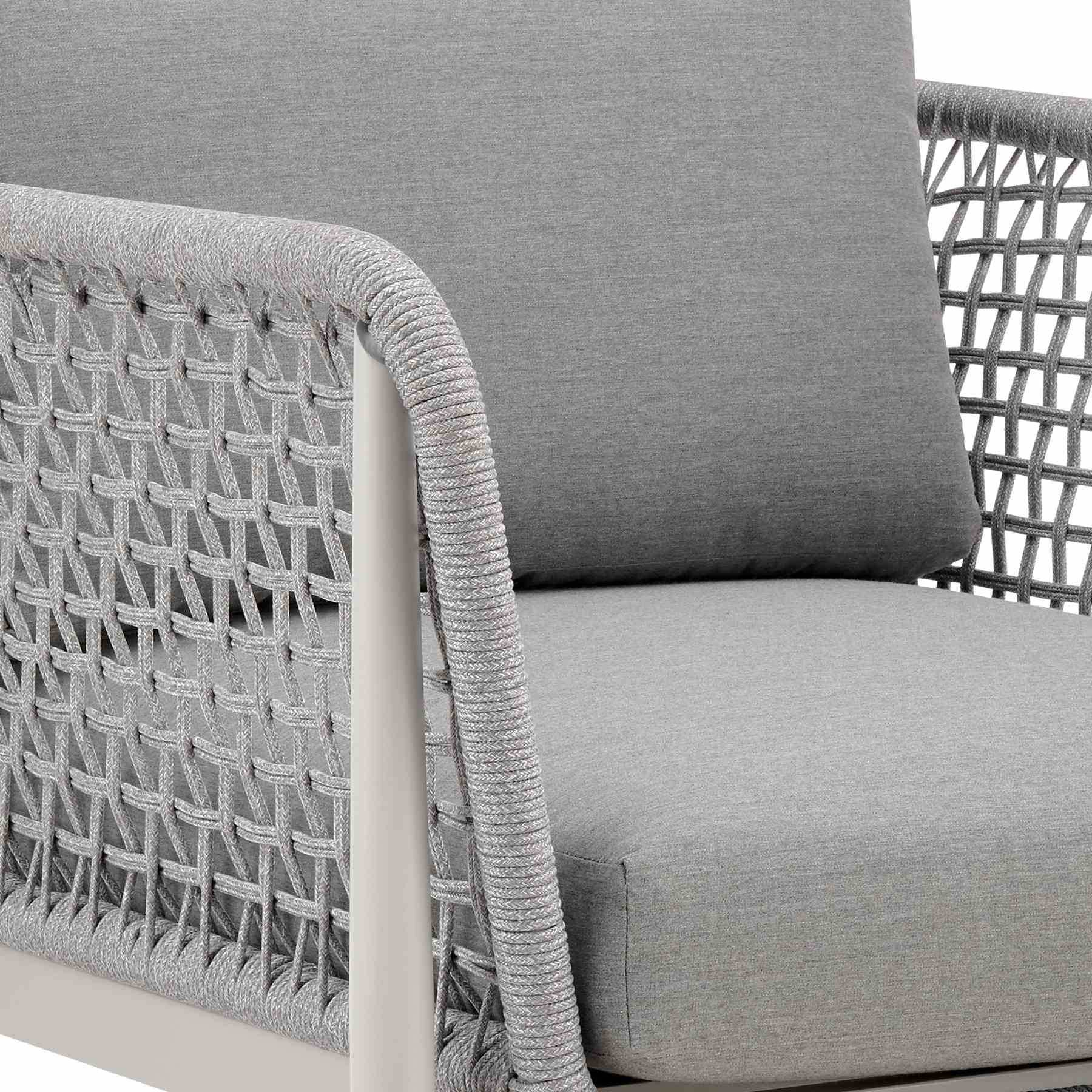 Rhodes Outdoor Patio Armchair in Aluminum with Light Gray Rope and Cushions - Image 6